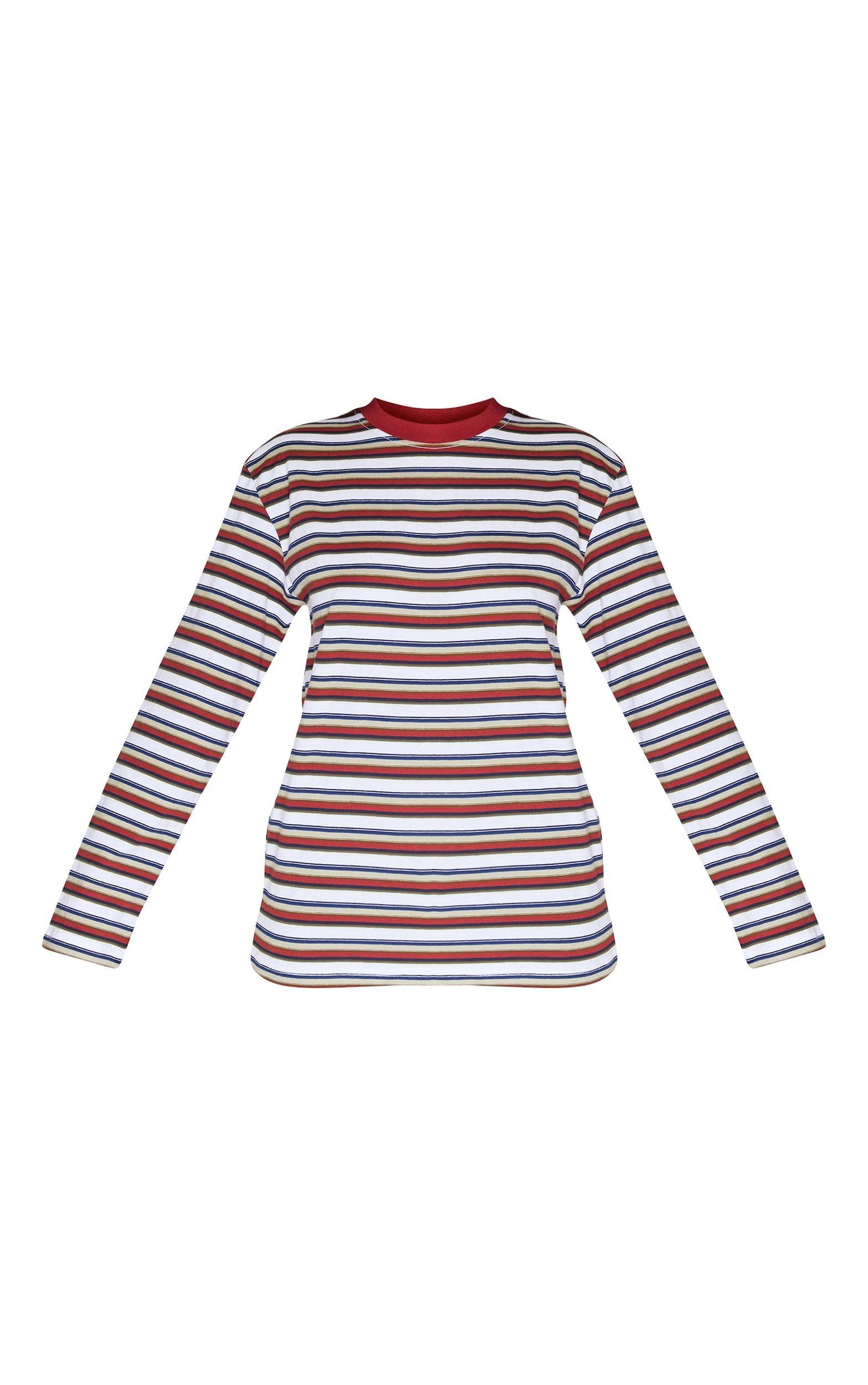  Burgundy Striped Contrast Collar Long Sleeve Top Product Image