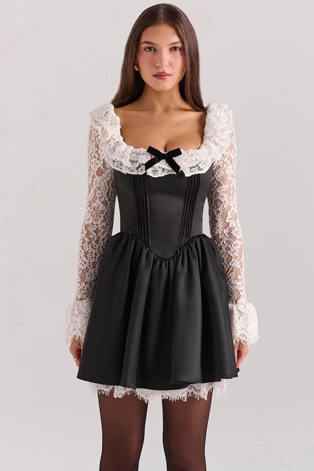 Cleora Black Lace Ruffle Mini Dress Product Image