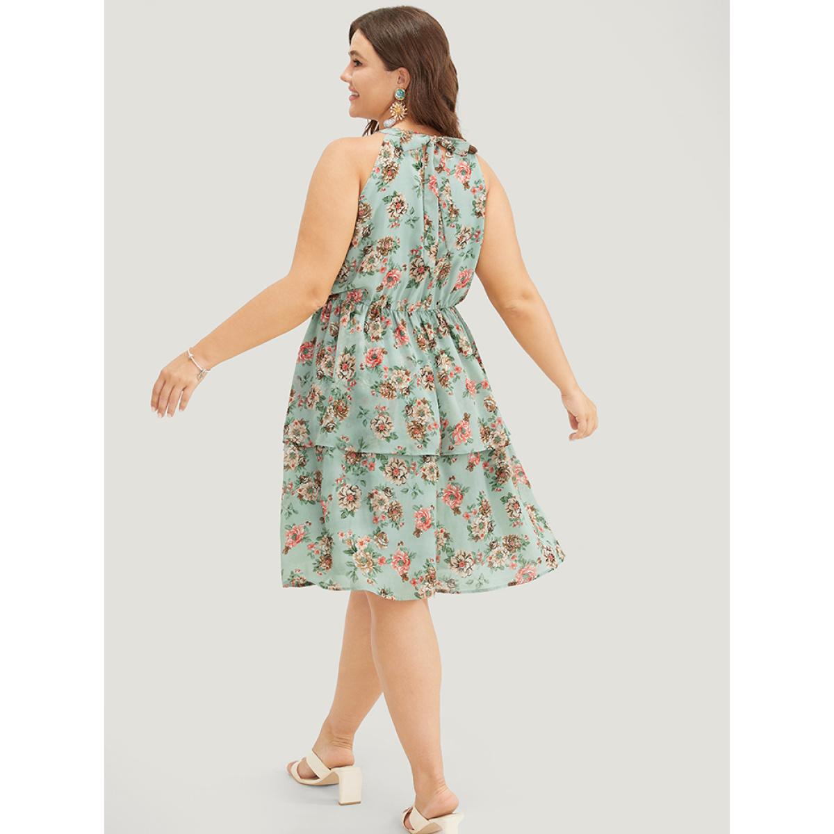 Plus Size Floral Pocket Ruffle Tiered Keyhole Knotted Halter Dress Mint Women Elegant Lined Halter neck Sleeveless Curvy Knee Dress BloomChic 10/M Product Image