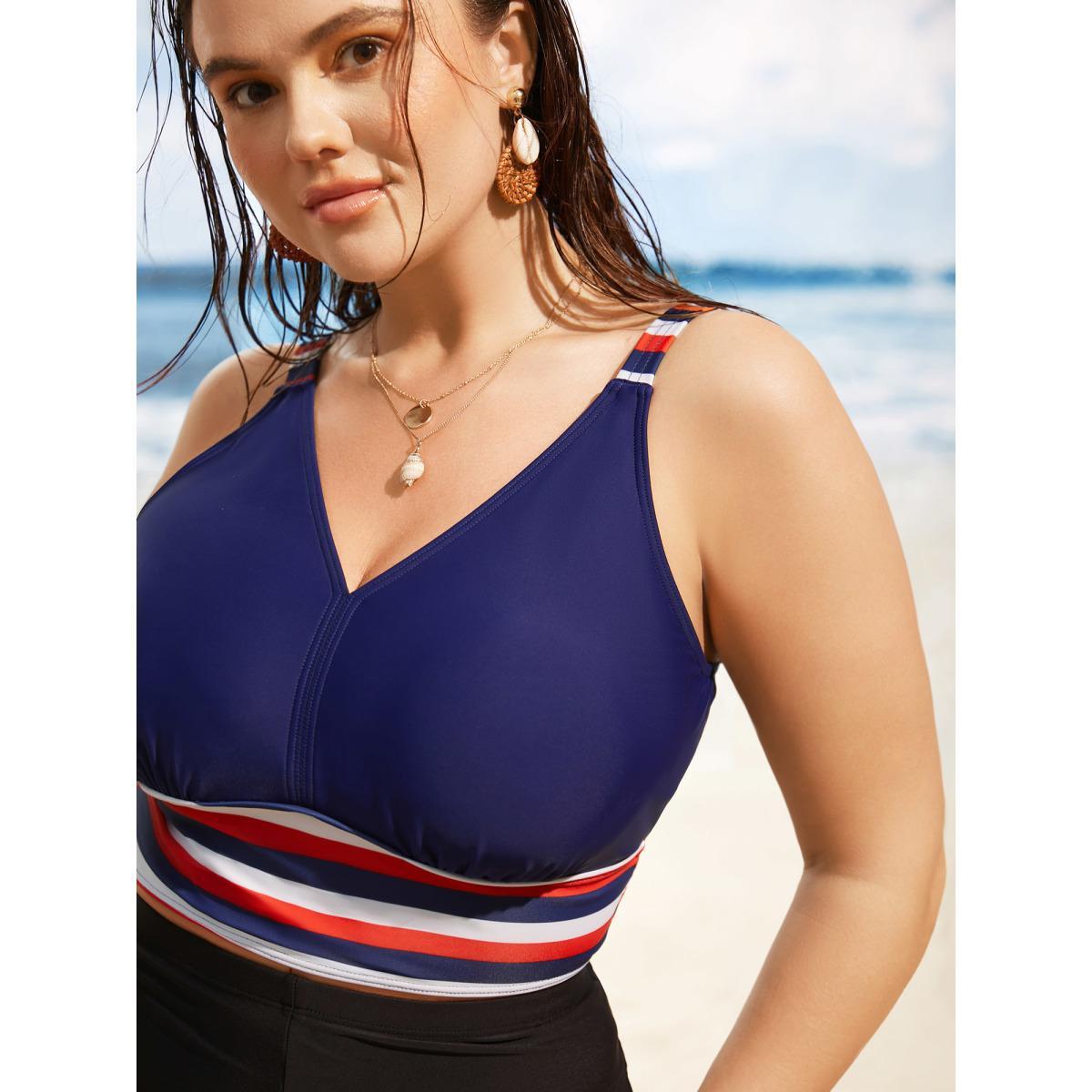 Plus Size Contrast Striped V Neck Gathered Swim Top Women's Swimwear Indigo Beach Gathered High stretch Skinny V-neck Curve Swim Tops BloomChic 30/6X Product Image