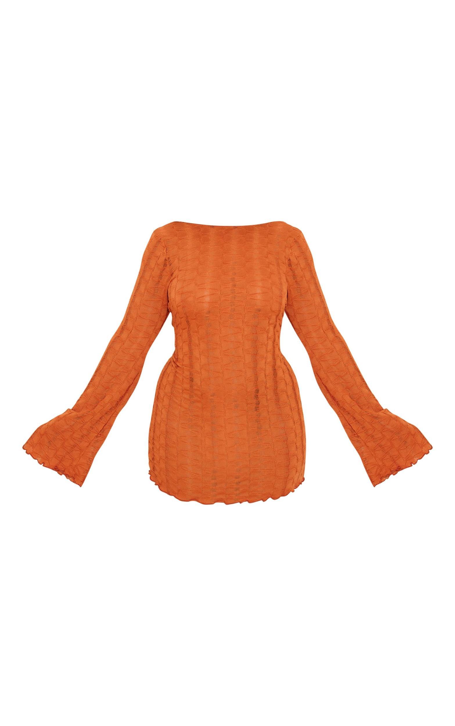 Plus Rust Textured Laddered Flare Sleeve Scoop Back Shift Dress Product Image