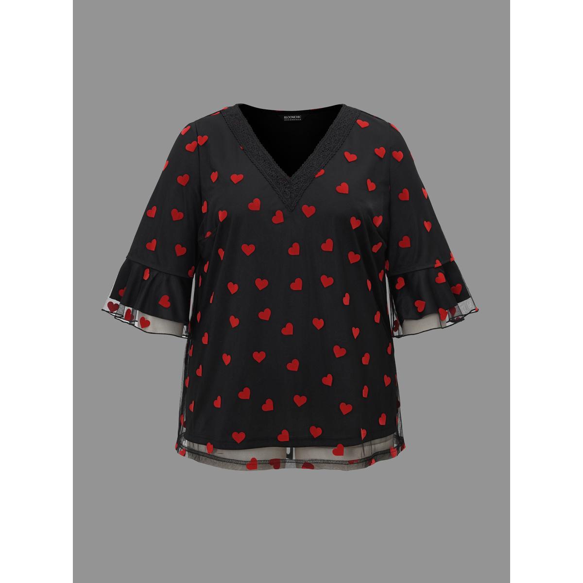 Plus Size Black V-Neck Hearts Mesh Lace Detailing Blouse Women Elegant Elbow-length sleeve V-neck Everyday Blouses BloomChic 10/M Product Image