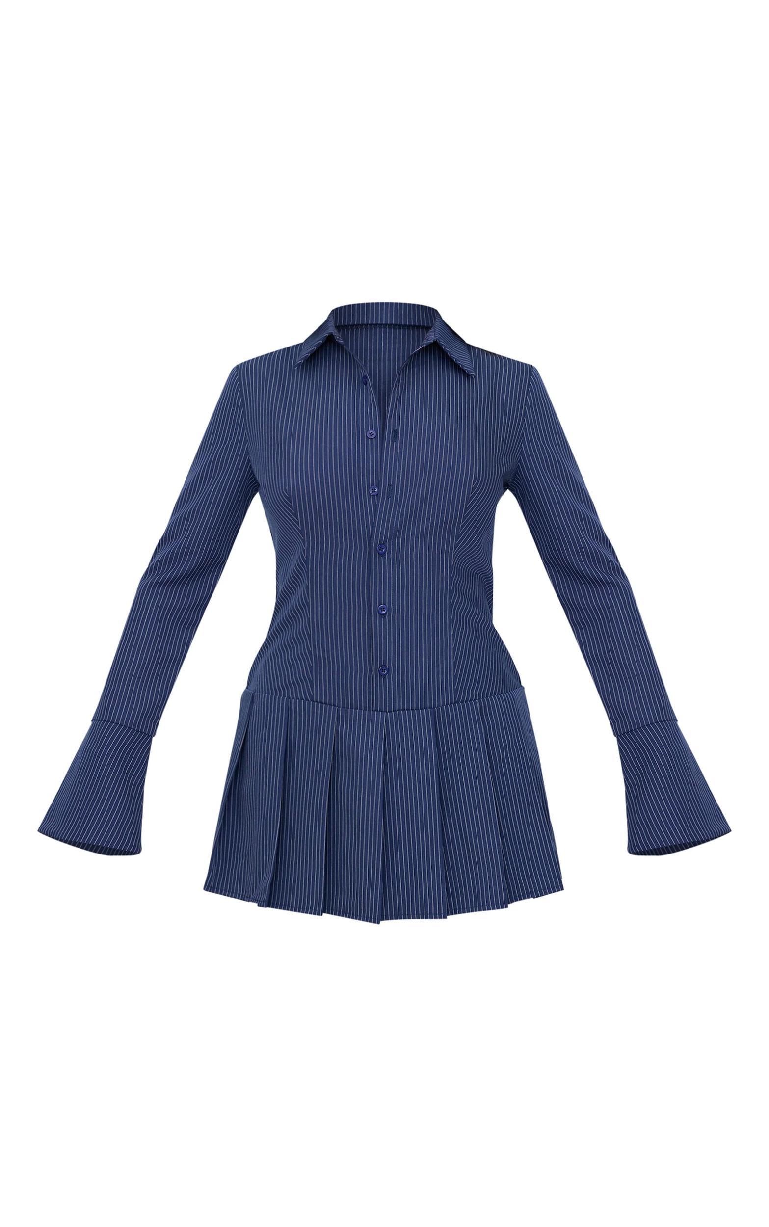 Navy Stripe Shirt Pleated Skort Romper Product Image