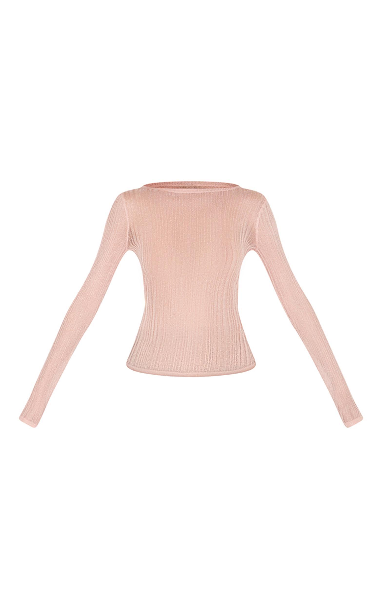 Pink Sheer Knit Long Sleeve Boat Neck Top Product Image