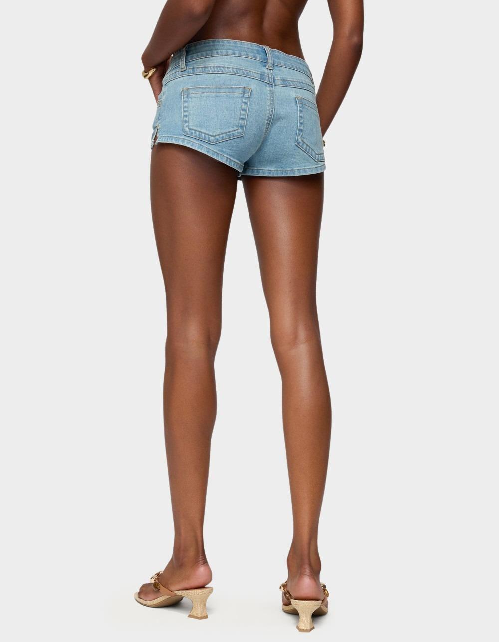 EDIKTED Jagger Low Rise Denim Shorts - LIGHT BLUE Product Image
