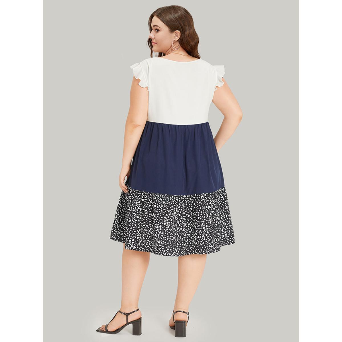 Plus Size Leopard Print Patchwork Ruffle Cap Sleeve Keyhole Dress DarkBlue Women Elegant Patchwork Keyhole Cut-Out Cap Sleeve Curvy Knee Dress BloomChic 18-20/2X Product Image