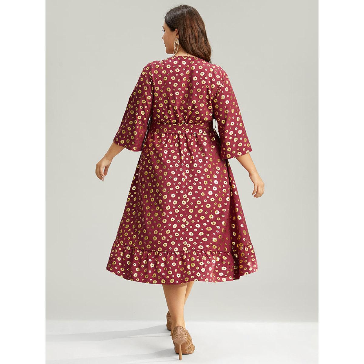 Plus Size Colorblock Glitter Bowknot Belted Pocket Dress Scarlet Women Party Wrap Overlap Collar Elbow-length sleeve Curvy Midi Dress BloomChic 22-24/3X Product Image