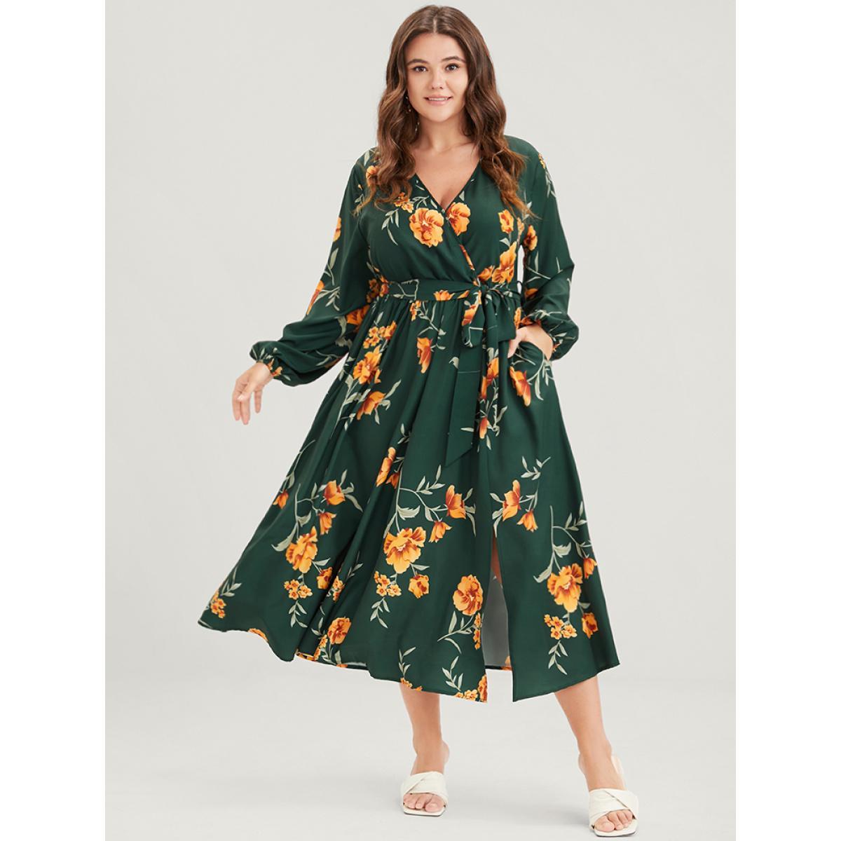 Plus Size Floral Pocket Lantern Sleeve Flutter Split Hem Ties Wrap Dress DarkGreen Women Elegant Cross straps V-neck Long Sleeve Curvy Midi Dress BloomChic 26/4X Product Image