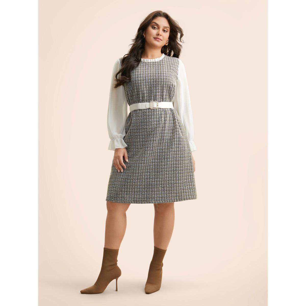 Plus Size Tweed Patchwork Ruffle Trim Dress Black Women Elegant Texture Mock Neck Long Sleeve Curvy BloomChic 26/4X Product Image