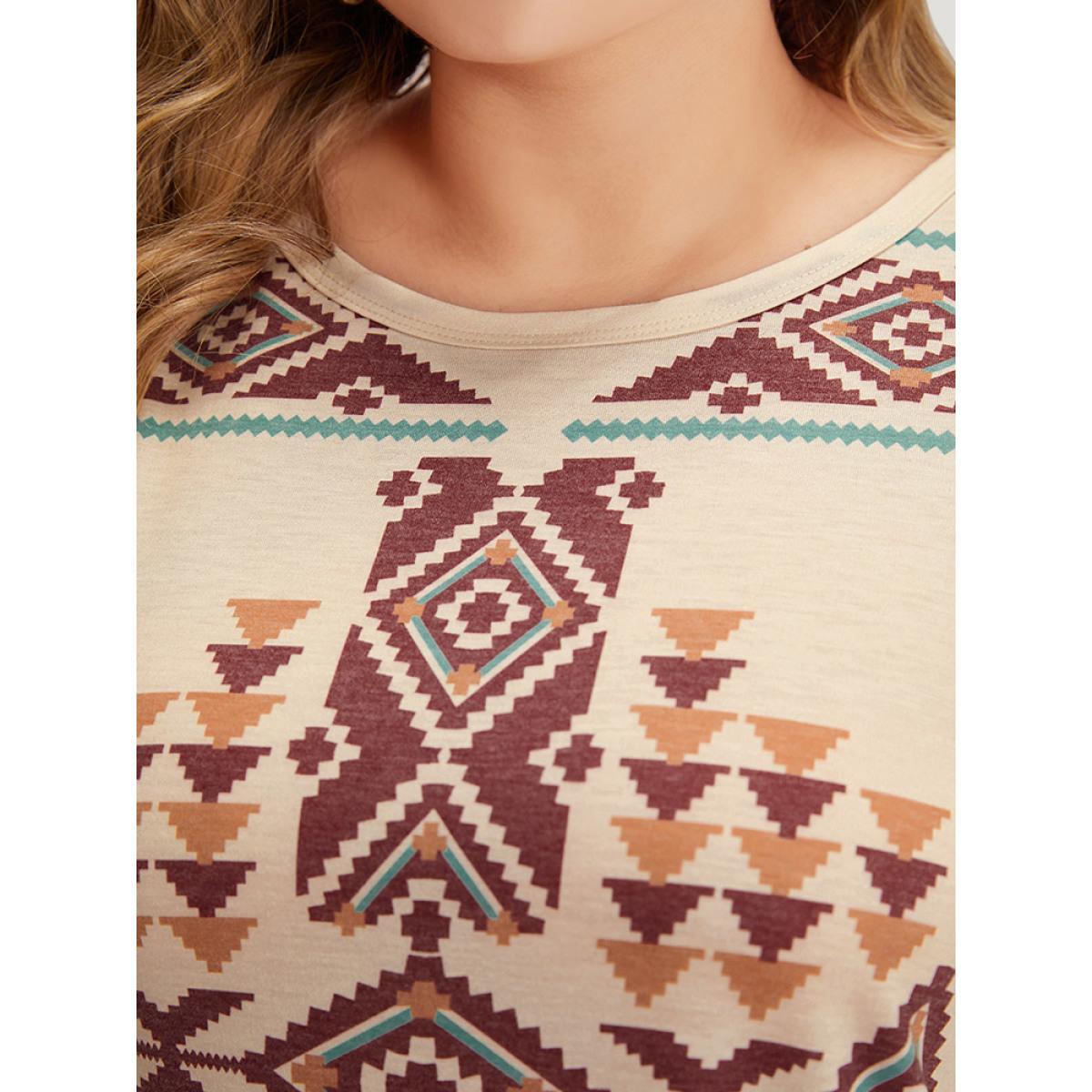 Plus Size Boho Print Crew Neck Curved Hem T-shirt Apricot Women Casual Printed Bohemian Print Round Neck Dailywear T-shirts BloomChic 30/6X Product Image