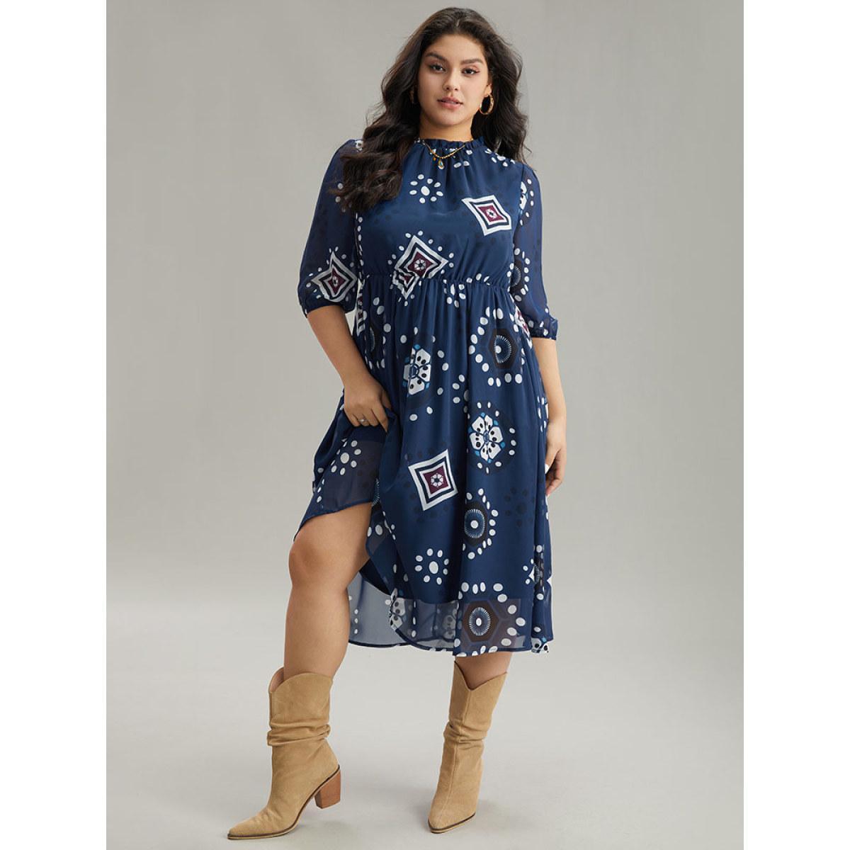 Plus Size Geometric Mesh Stand Collar Frill Trim Dress DarkBlue Women Vacation Elastic cuffs Stand-up collar Elbow-length sleeve Curvy Midi Dress BloomChic 22-24/3X Product Image