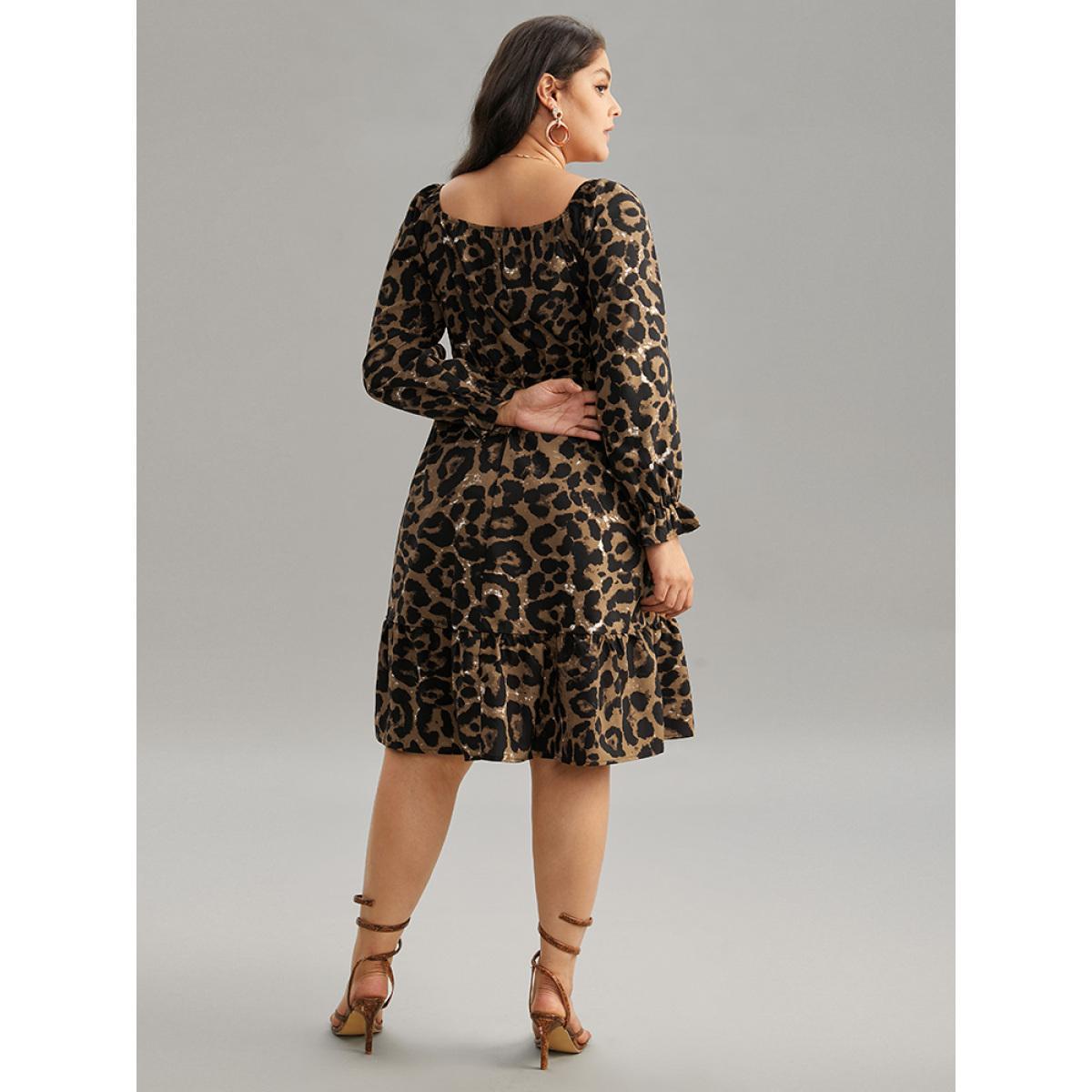 Plus Size Square Neck Leopard Shirred Ruffles Dress Leopard Women Elegant Gathered Square Neck Long Sleeve Curvy Knee Dress BloomChic 28/5X Product Image