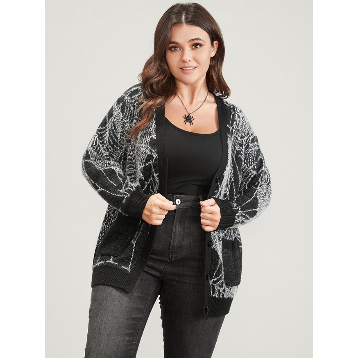 Plus Size Spider Web Plush Knit Pocket Button Front Cardigan BlackFlower Women Elegant Loose Long Sleeve Dailywear Cardigans BloomChic 26/4X Product Image