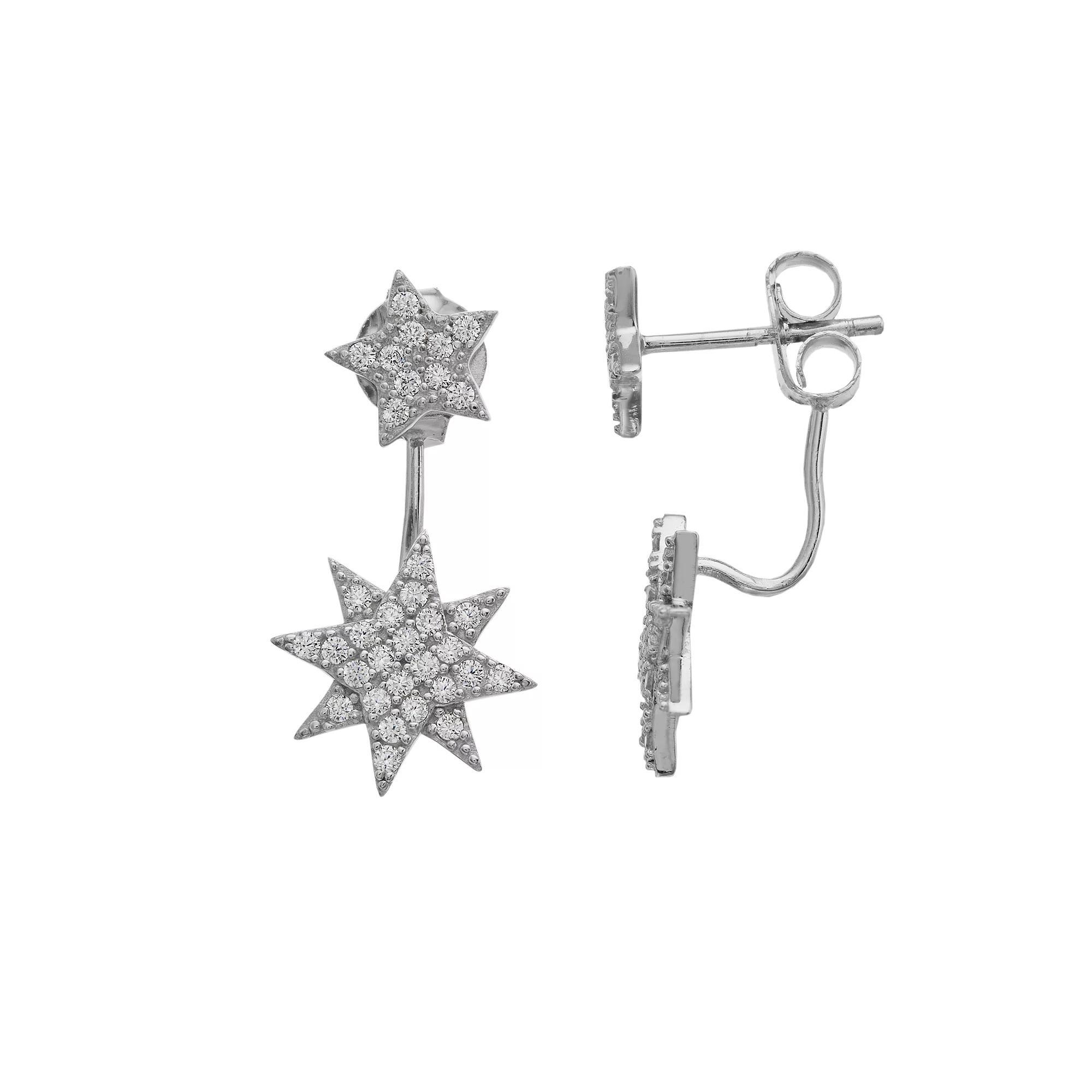 Rosabella Sterling Silver Double Star Cubic Zirconia Front-Back Earrings, Women's Product Image