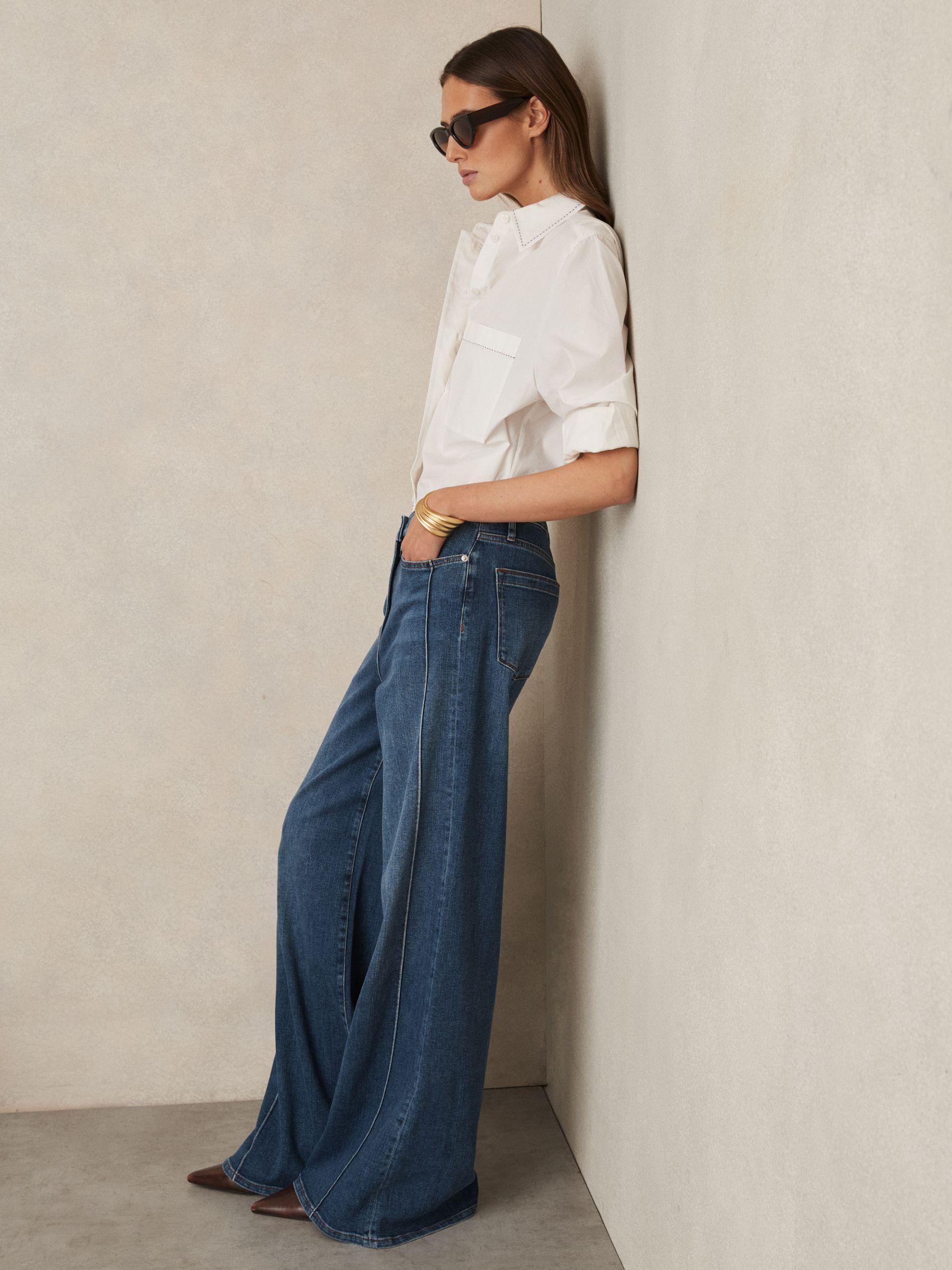 Cotton Topstitched Button-Through Shirt in White Product Image