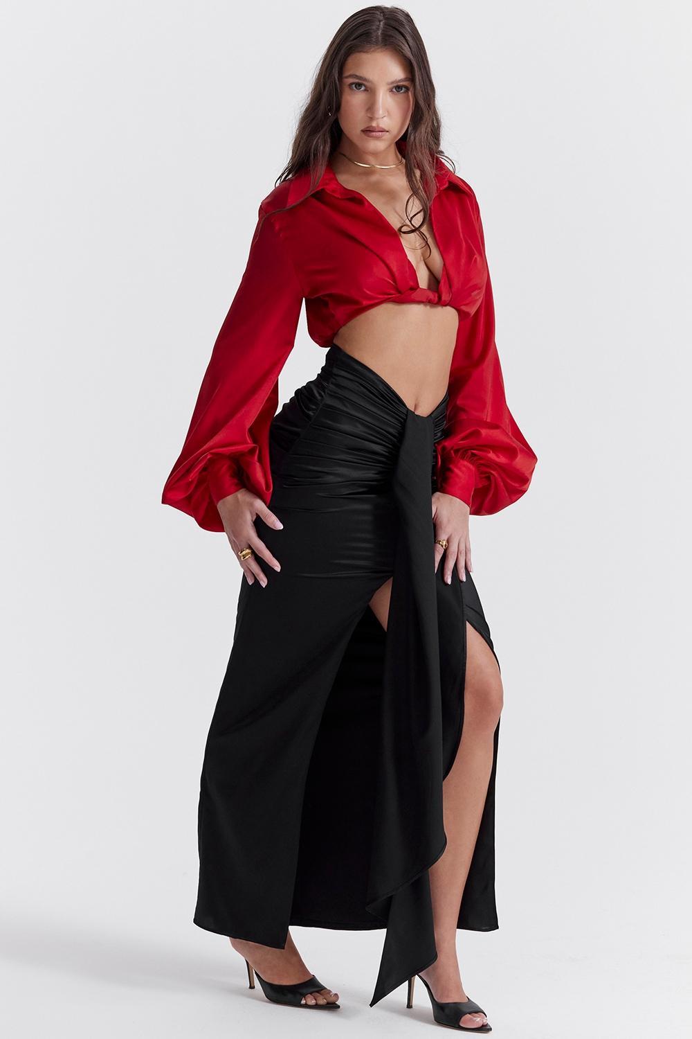 Arla  black draped silk maxi skirt Product Image