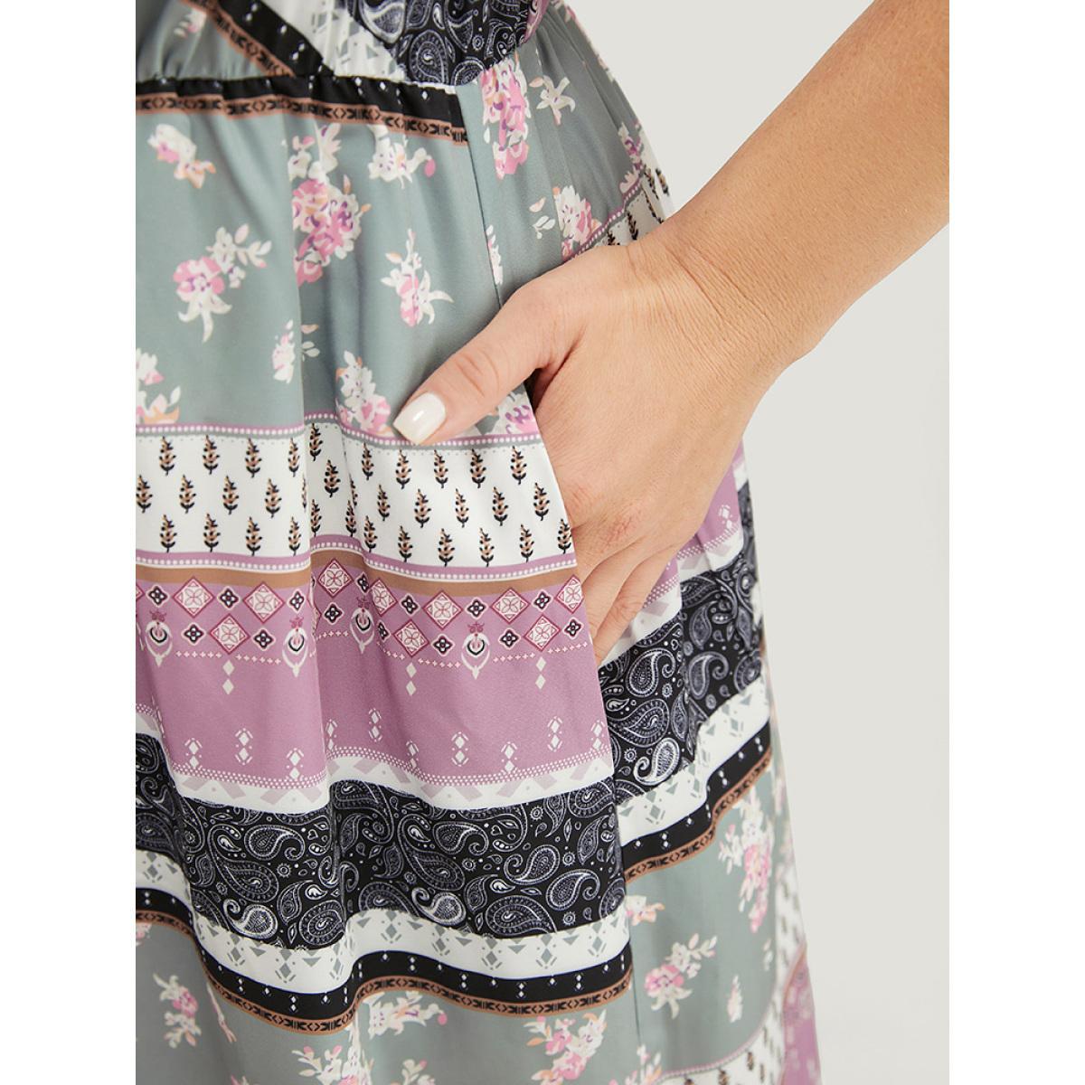 Plus Size Bandana Print Cut Out Tie Neck Pocket Shirred Striped Dress Multicolor Women Elegant Printed Keyhole Cut-Out Short sleeve Curvy Midi Dress BloomChic 10/M Product Image