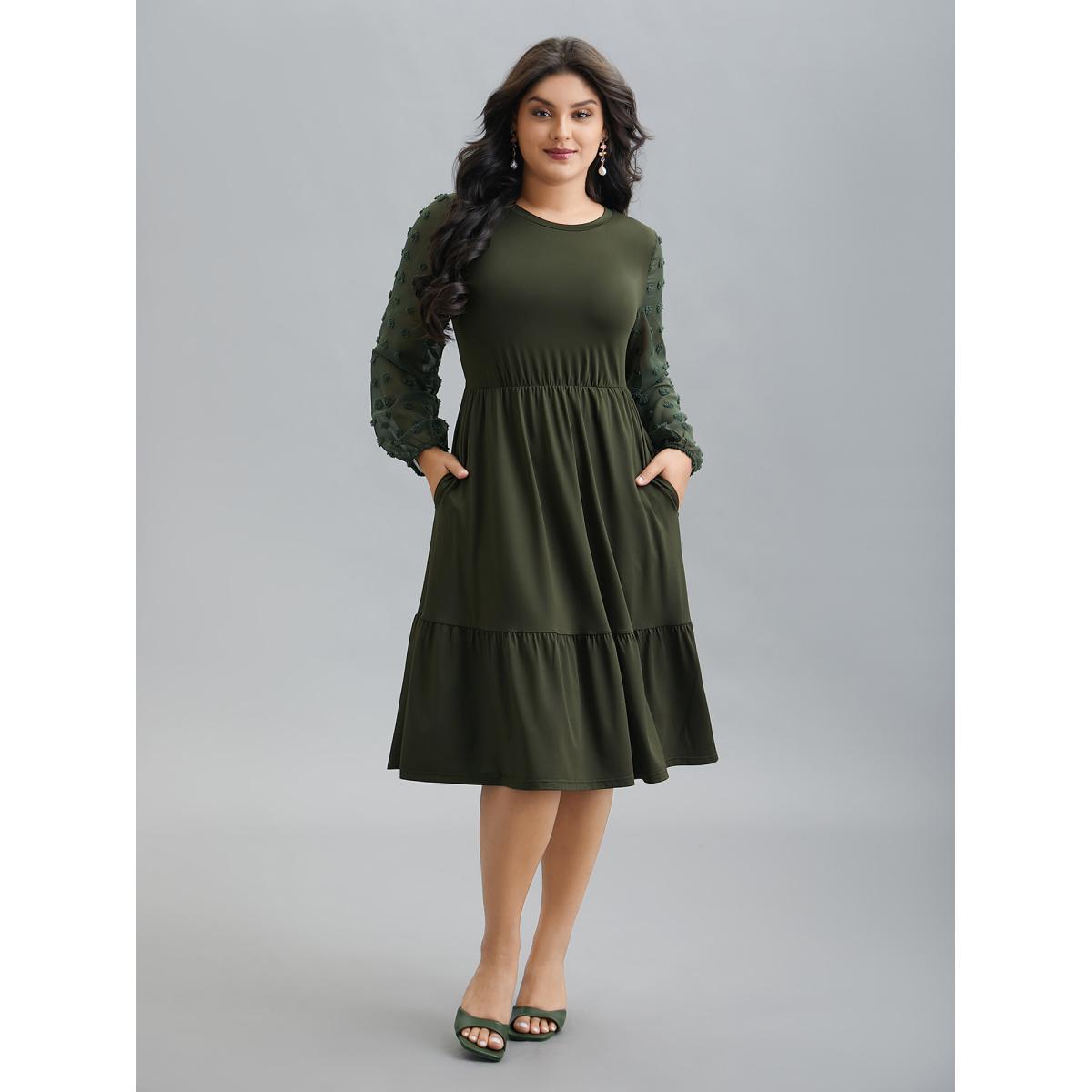 Plus Size Sheer Chiffon Textured Waist-Defined Midi Dress ArmyGreen Women Elegant Texture Round Neck Extra Long Sleeve Curvy BloomChic 18-20/2X Product Image