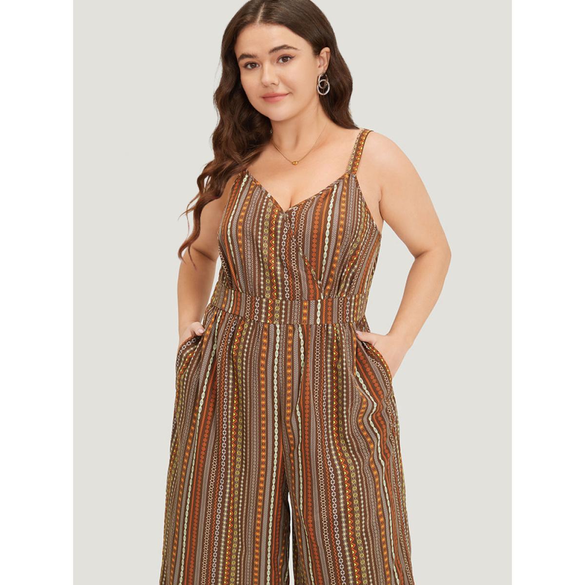 Plus Size DarkBrown Bandana Print Pocket Adjustable Straps Wrap Cami Jumpsuit Women Elegant Sleeveless Spaghetti Strap Dailywear Loose Jumpsuits BloomChic 14-16/1X Product Image