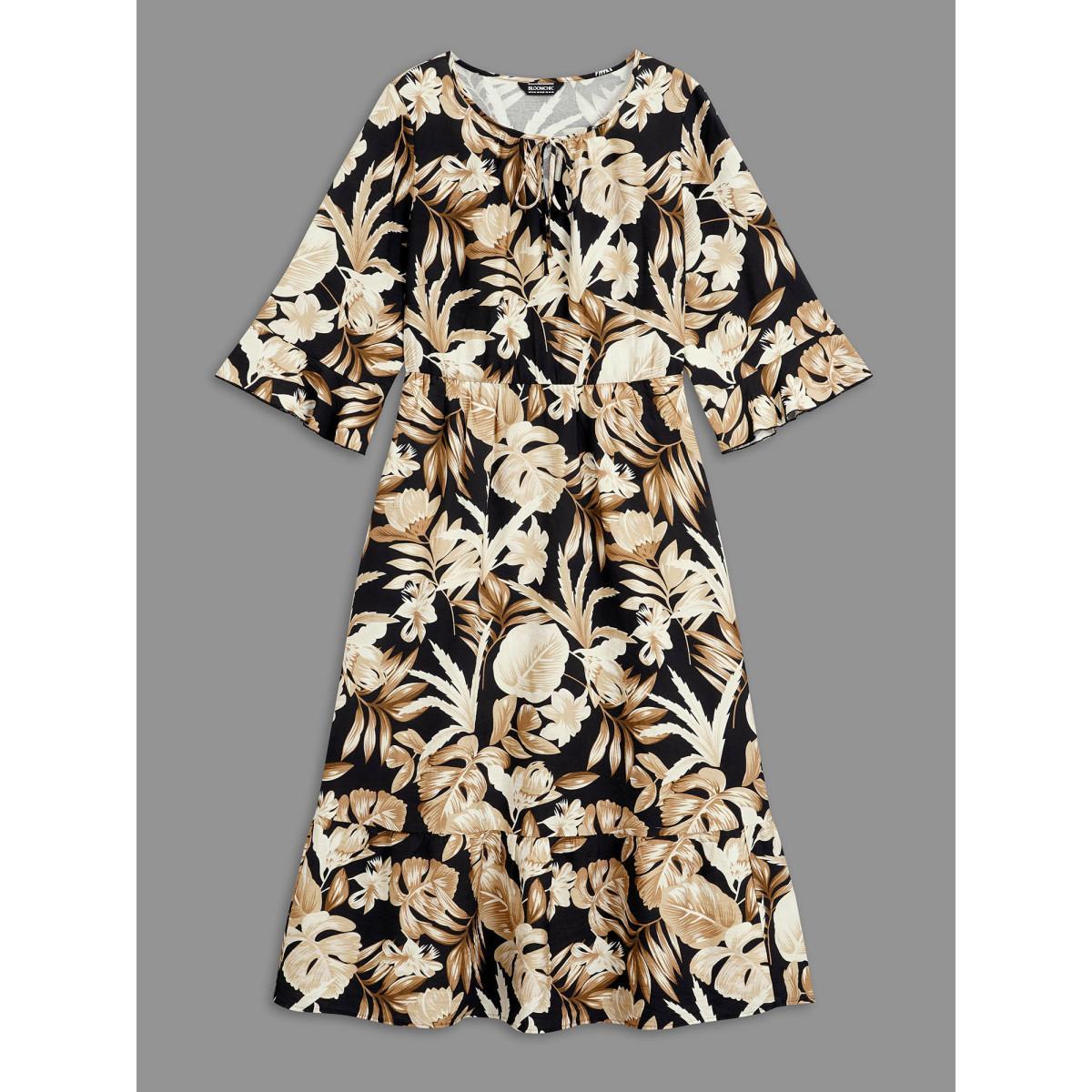 Plus Size Tropical Leaf Print Neck-Tie Tiered Midi Dress Black Women Resort Tie knot Round Neck Elbow-length sleeve Curvy BloomChic 12/L Product Image
