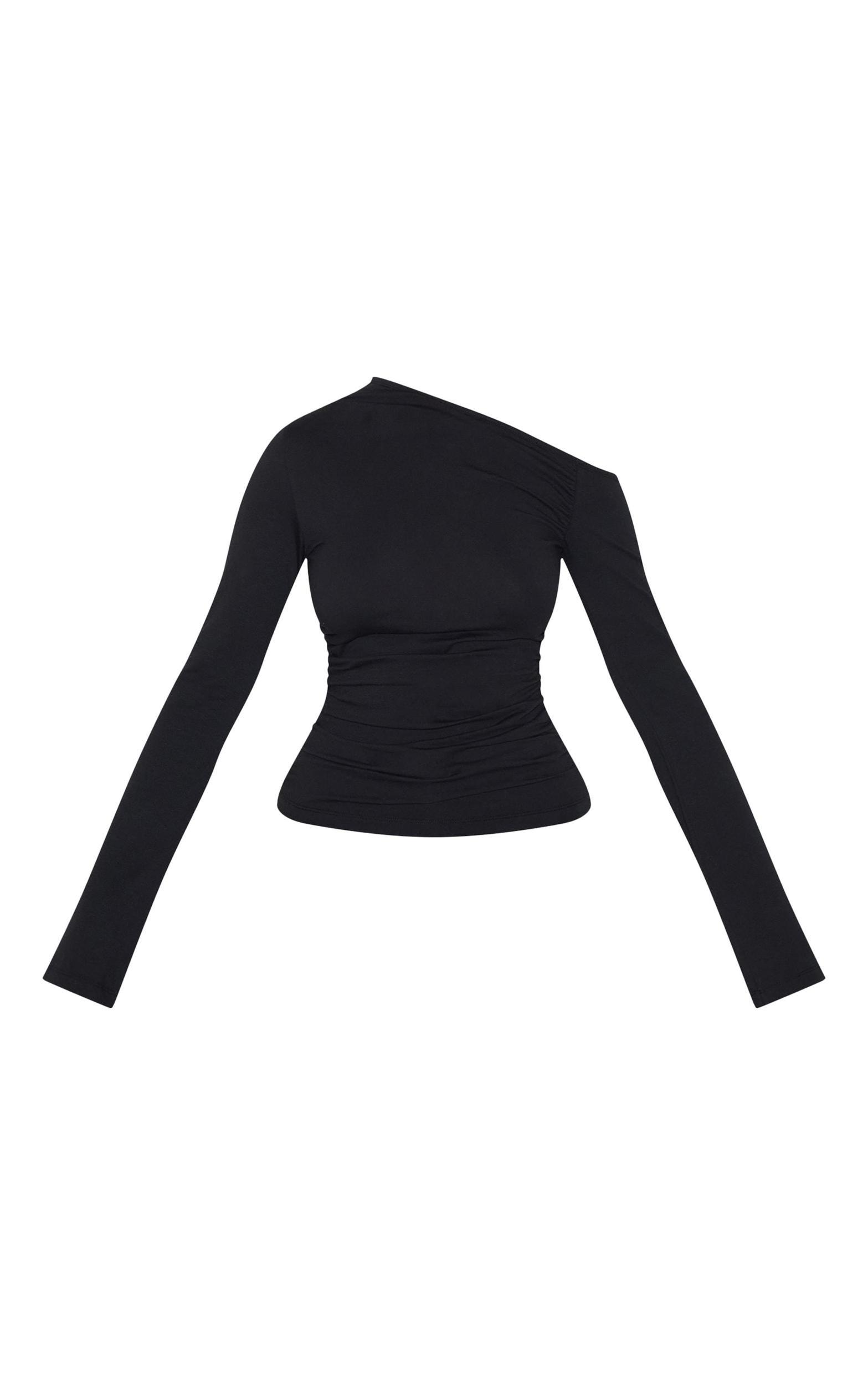 Black Asymmetric Ruched Flared Sleeve Long Top Product Image