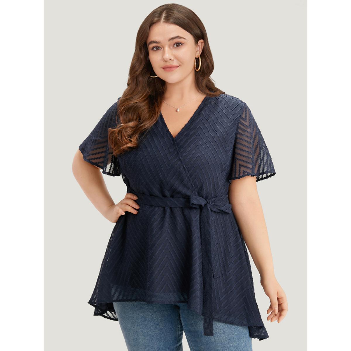 Plus Size Indigo Plain Textured Belted Wrap Mesh Flutter Sleeve Blouse Women Elegant Short sleeve V-neck Dailywear Blouses BloomChic 26/4X Product Image