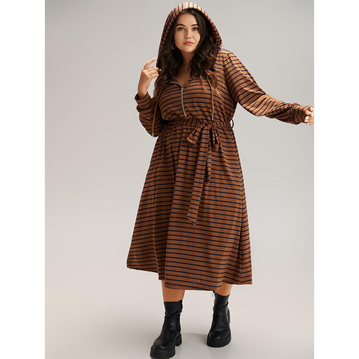 Plus Size Striped Belted Zipper Drawstring Dress Brown Women Casual Belted Hooded Long Sleeve Curvy Midi Dress BloomChic 10/M Product Image