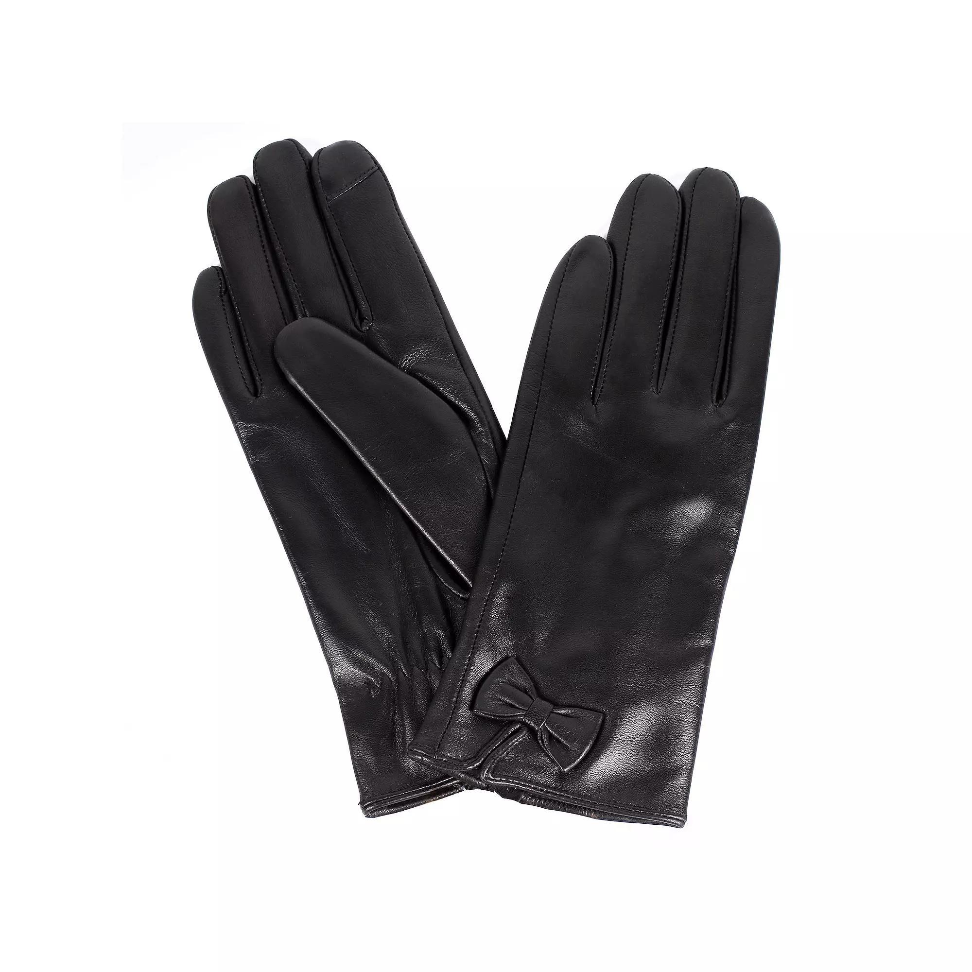 Women's Karla Hanson Leather Touchscreen Gloves with Bows, Size: Large, Black Product Image