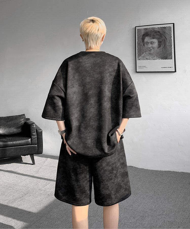 Set: Short Sleeve Round Neck Lettering Embroidered Tie Dye T-Shirt + Elastic Waist Sweat Shorts Product Image