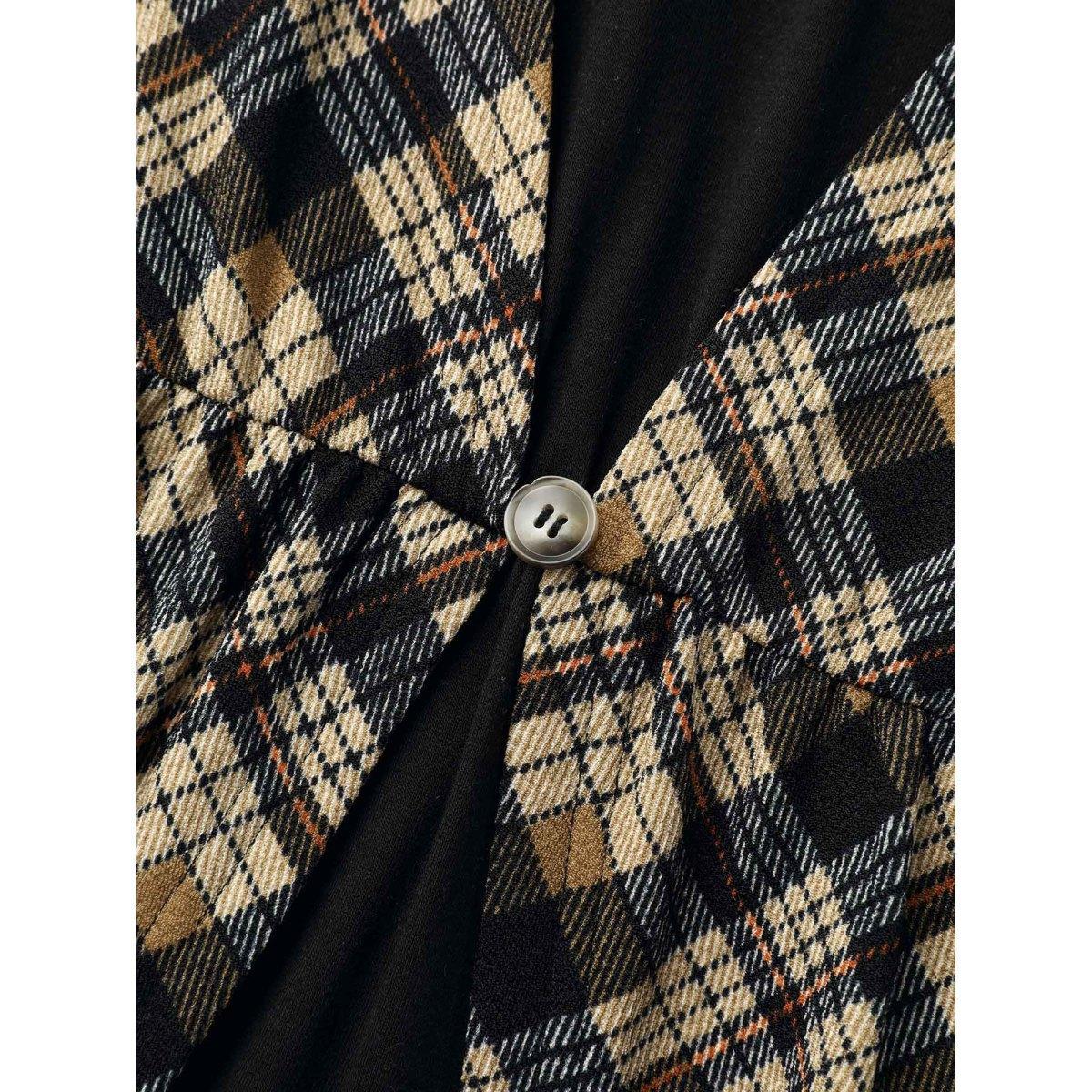Plus Size Plaid Color-Block Ruched Open Midi Dress Tan Women Casual Patchwork Heart neckline Short sleeve Curvy BloomChic 22-24/3X Product Image