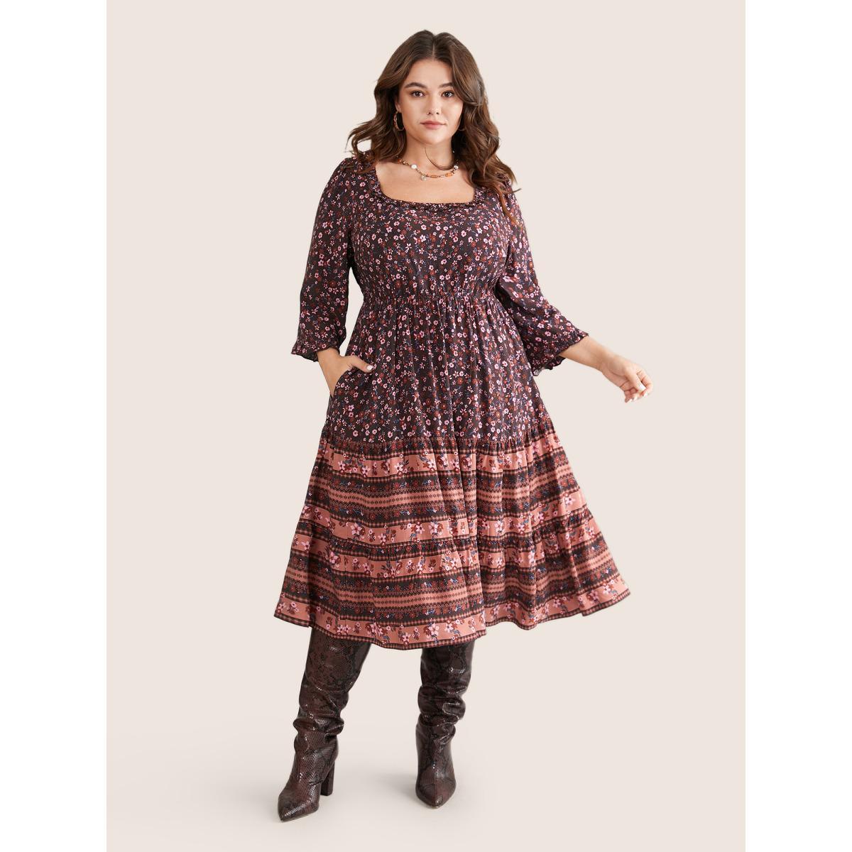 Plus Size Ditsy Floral Patchwork Square Neck Frill Trim Dress Russet Women Vacation Elastic cuffs Square Neck Elbow-length sleeve Curvy Midi Dress BloomChic 12/L Product Image