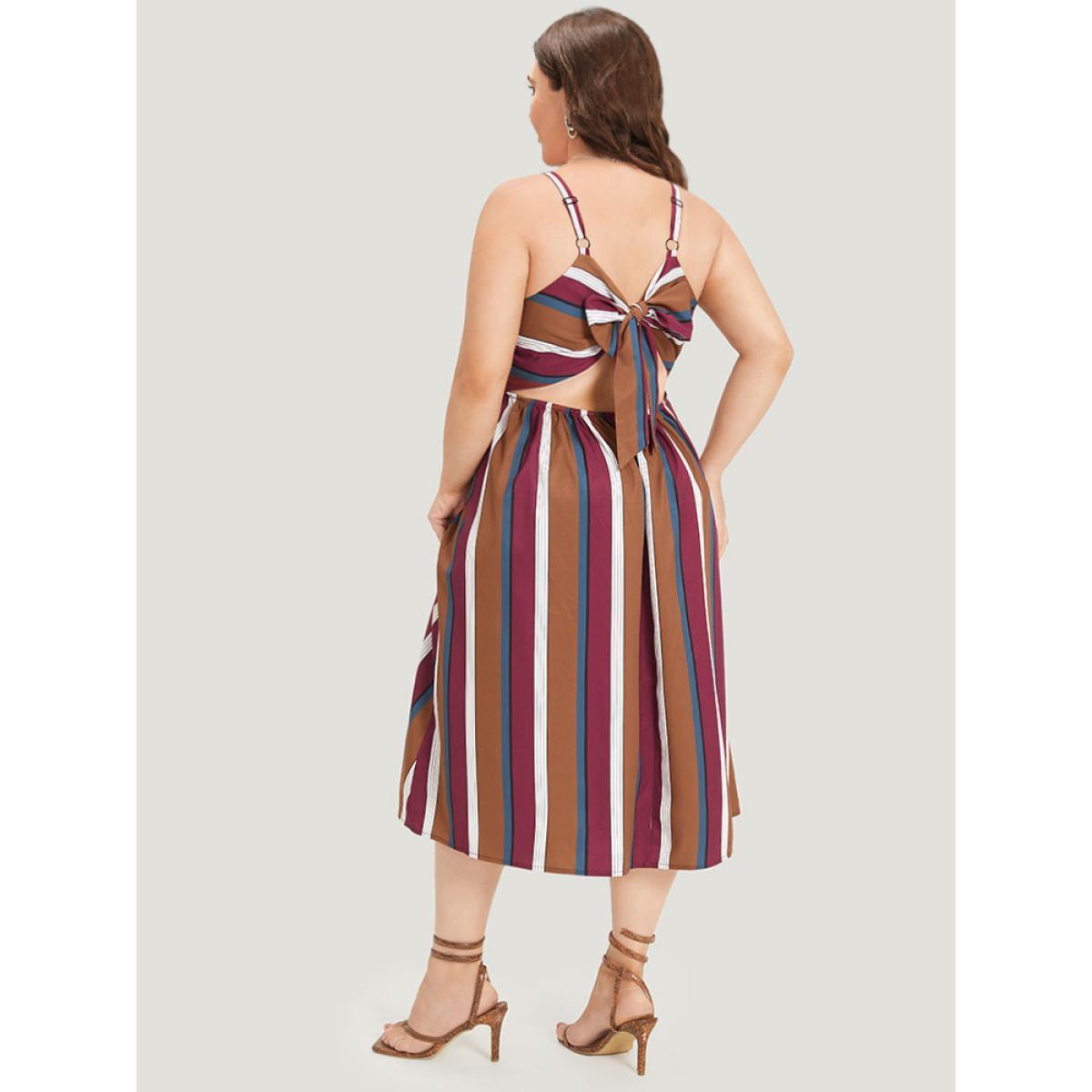 Plus Size Striped Bowknot Cut Out Split Hem Gathered Cami Dress Multicolor Women Elegant Knotted Spaghetti Strap Sleeveless Curvy Midi Dress BloomChic 14-16/1X Product Image