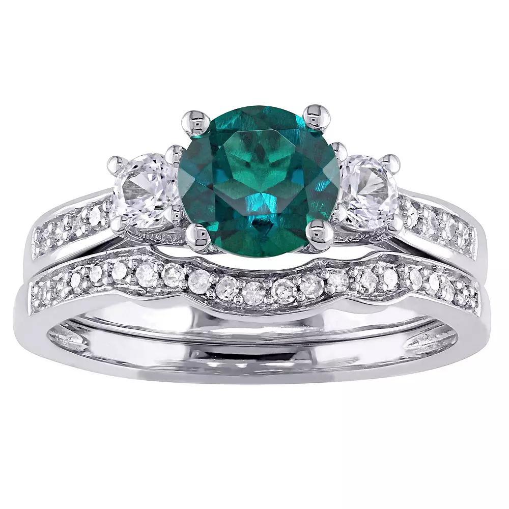 Stella Grace 10k White Gold Lab-Created Emerald, White Sapphire & 1/6 Carat T.W. Diamond Engagement Ring Set, Women's, Size: 5 Product Image
