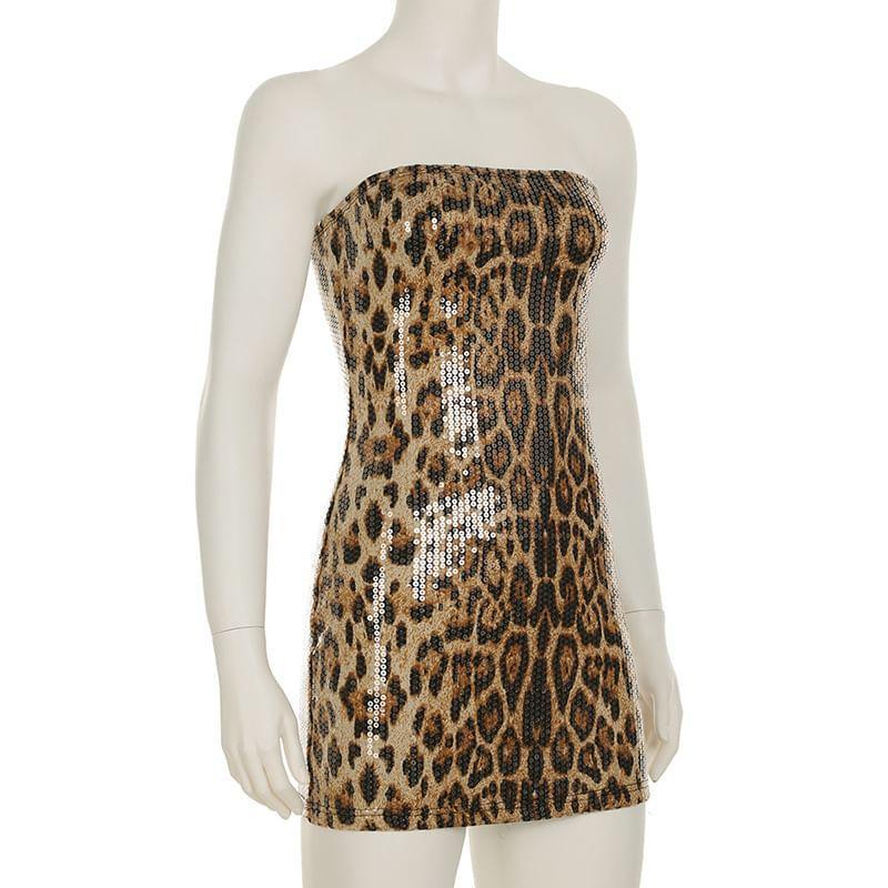 Strapless Sequin Leopard Bodycon Mini Dress Product Image