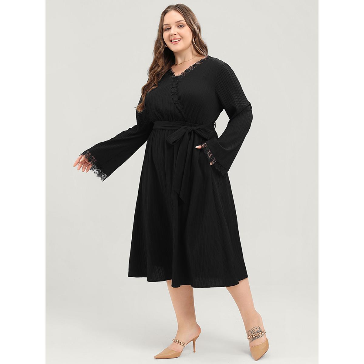 Plus Size Solid Textured Bell Sleeve Pocket Contrast Lace Belted Dress Black Women Elegant Lace V-neck Long Sleeve Curvy Midi Dress BloomChic 14-16/1X Product Image