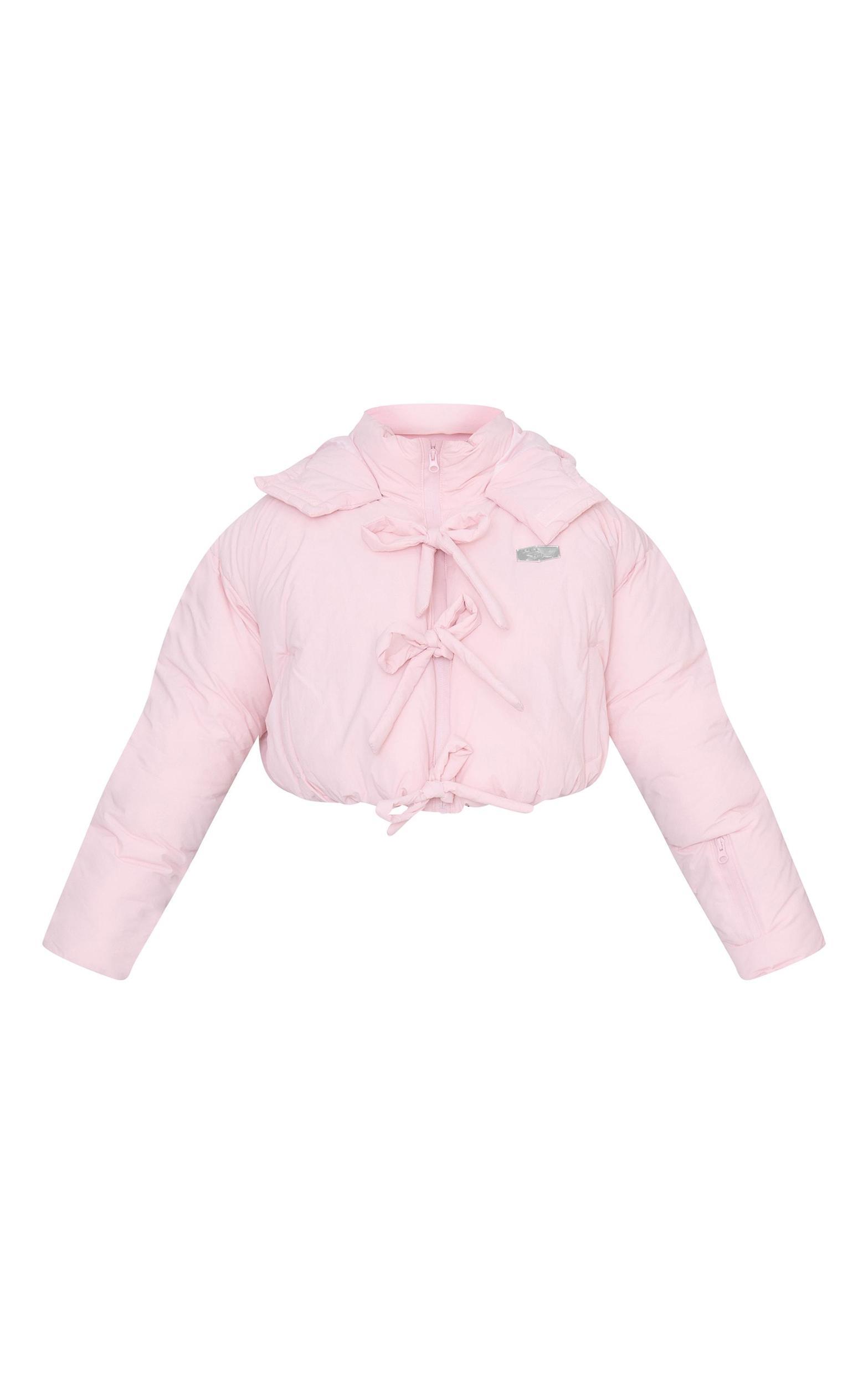 PRETTYLITTLETHING SKI Pink Bow Oversized Cropped Detail Puffer Coat Product Image