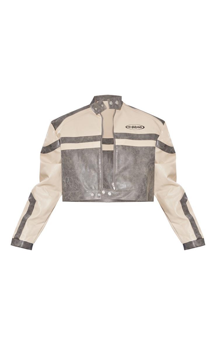 Stone Cropped Distressed Faux Leather Racer Jacket Product Image