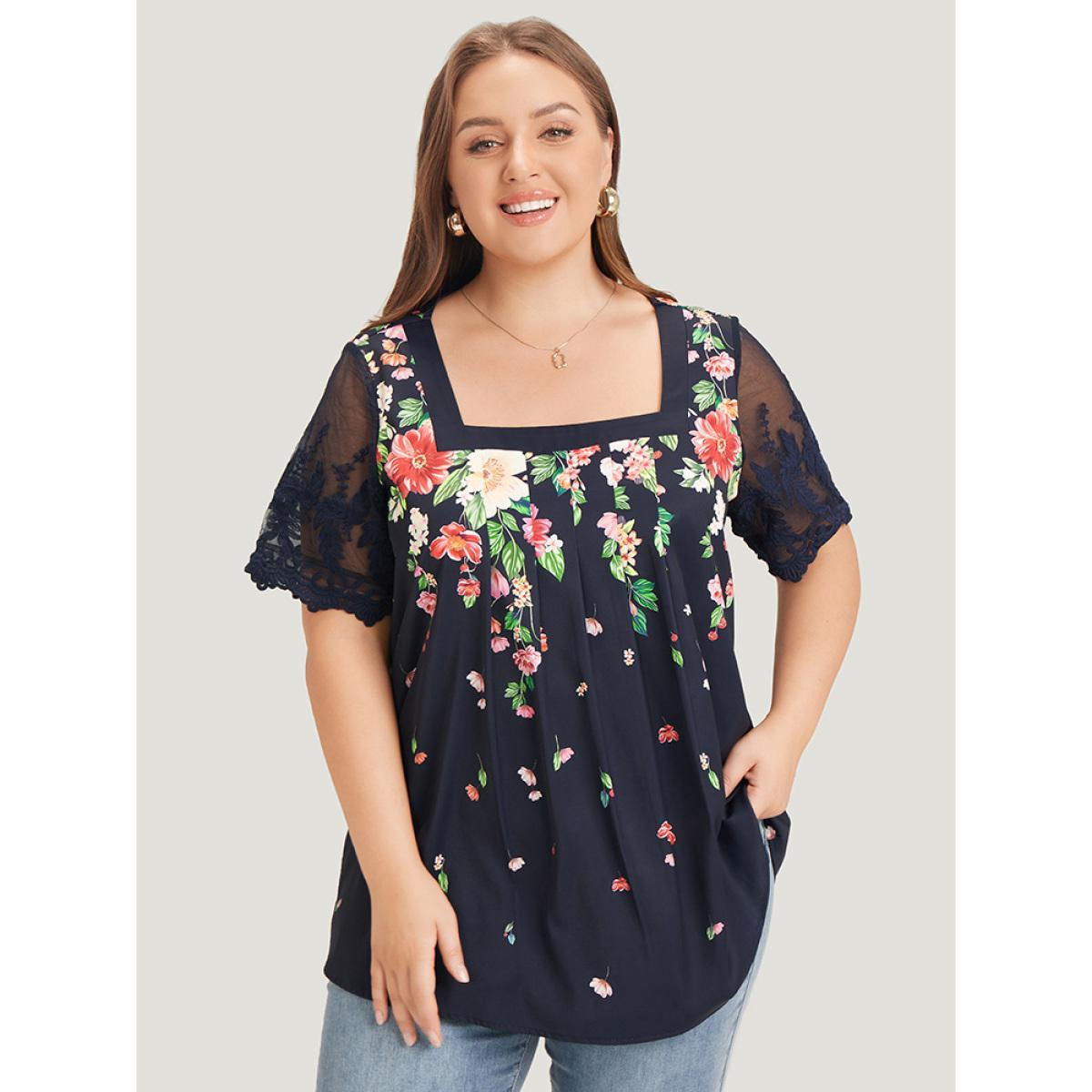 Plus Size Indigo Floral Pleated Mesh Lace Sleeve Square Neck Blouse Women Vacation Short sleeve Square Neck Dailywear Blouses BloomChic 10/M Product Image