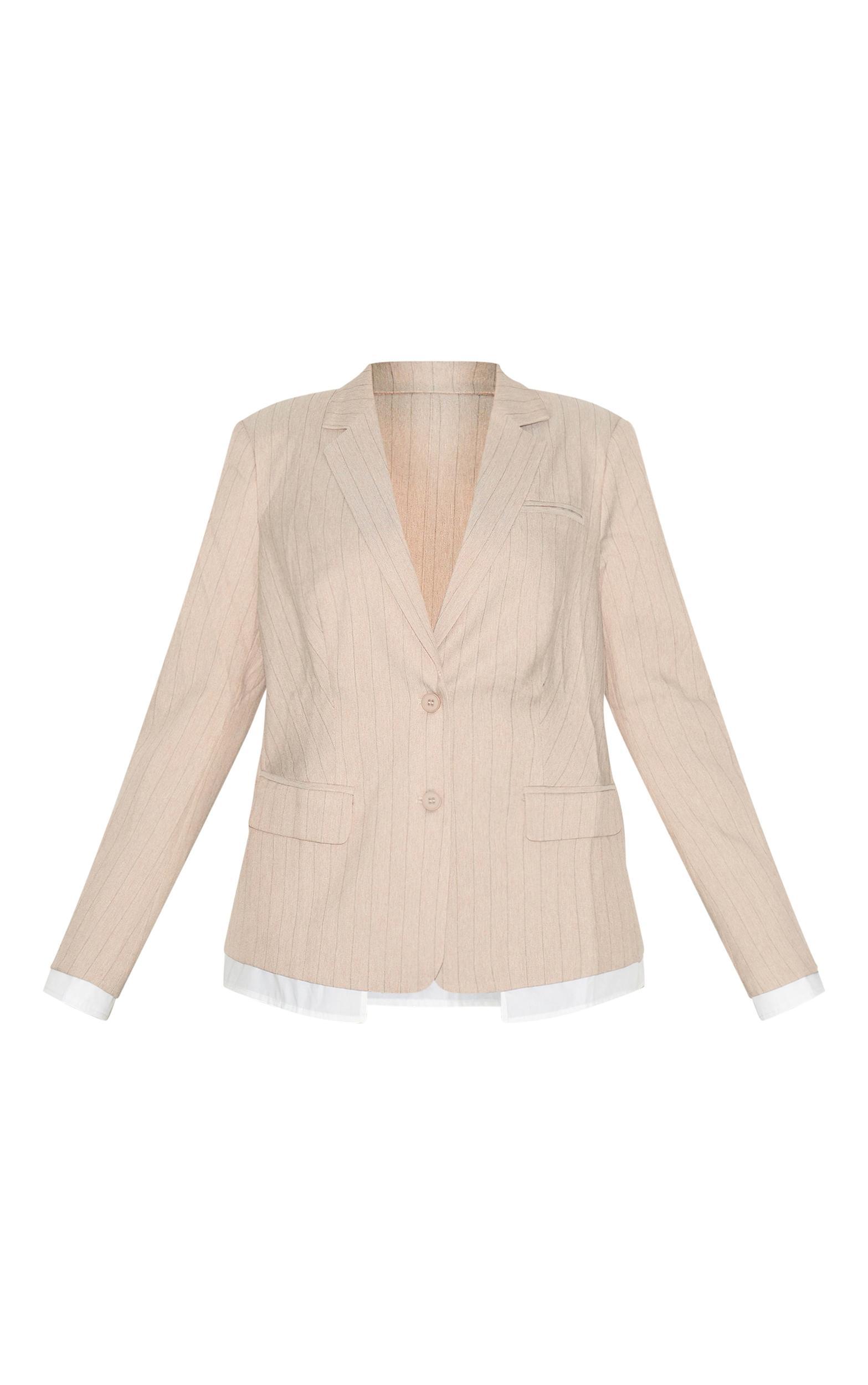 Plus Taupe Pinstripe Shirt Detail Blazer Product Image