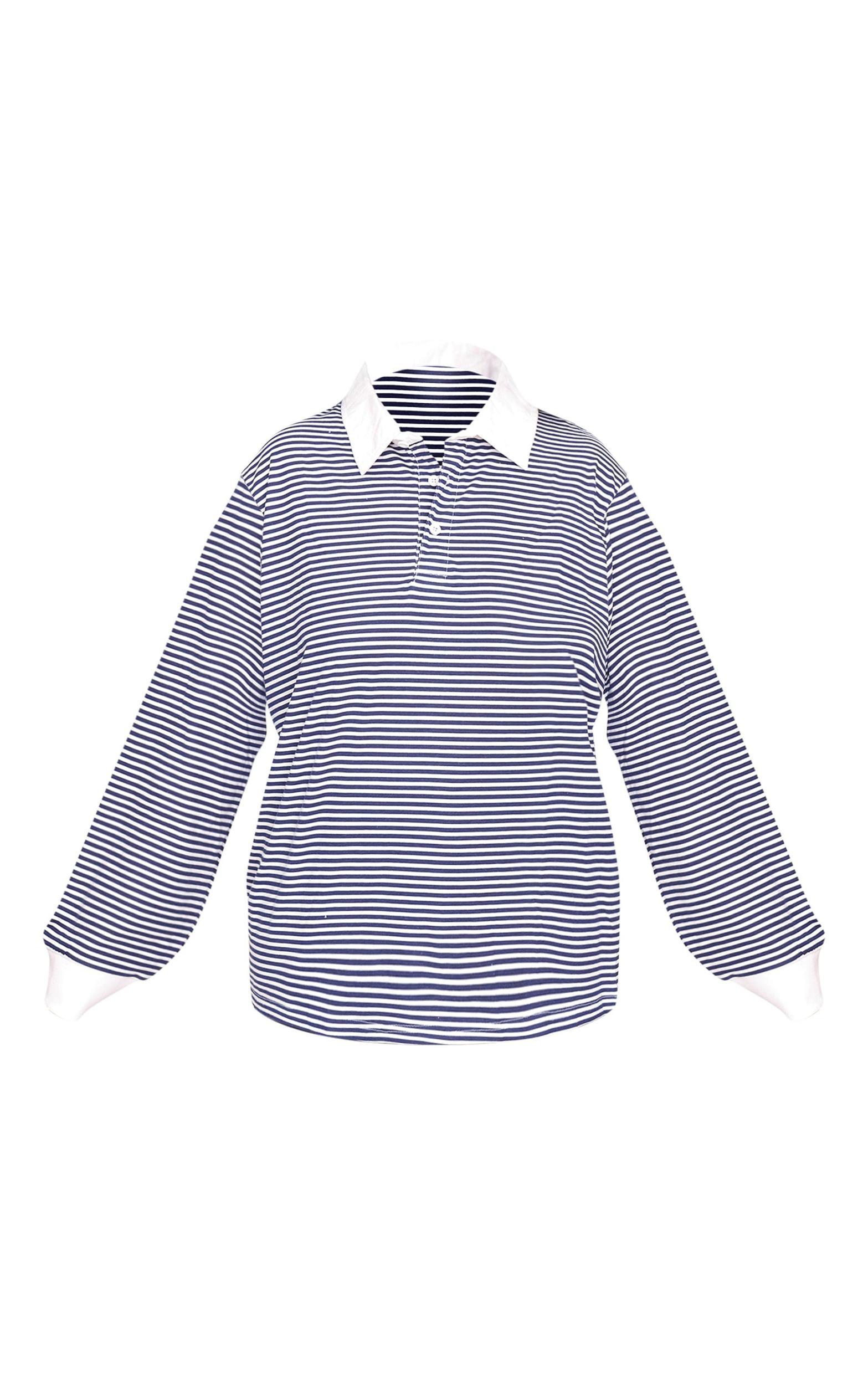 Plus Navy Striped Collared Oversized Long Sleeve T Shirt Product Image