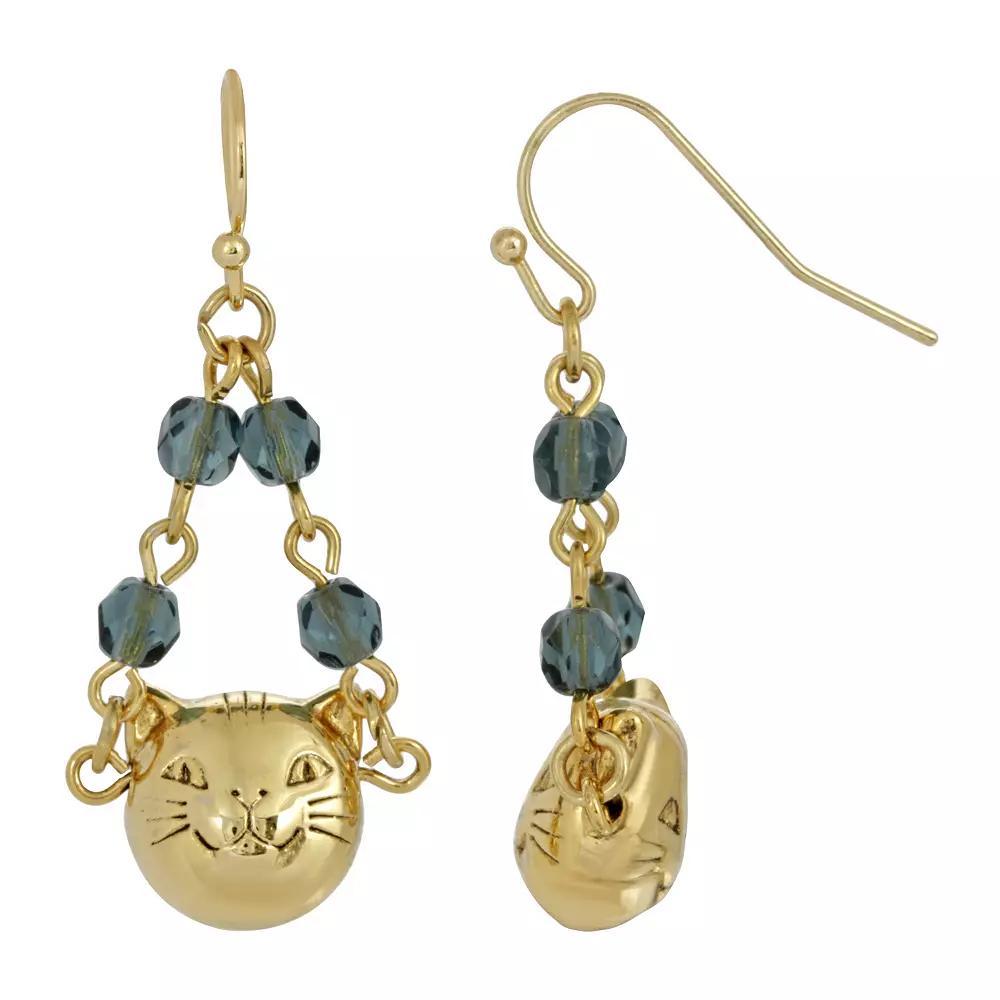 1928 Gold Tone Cat Face & Blue Beaded Chain Drop Earrings, Womens Product Image