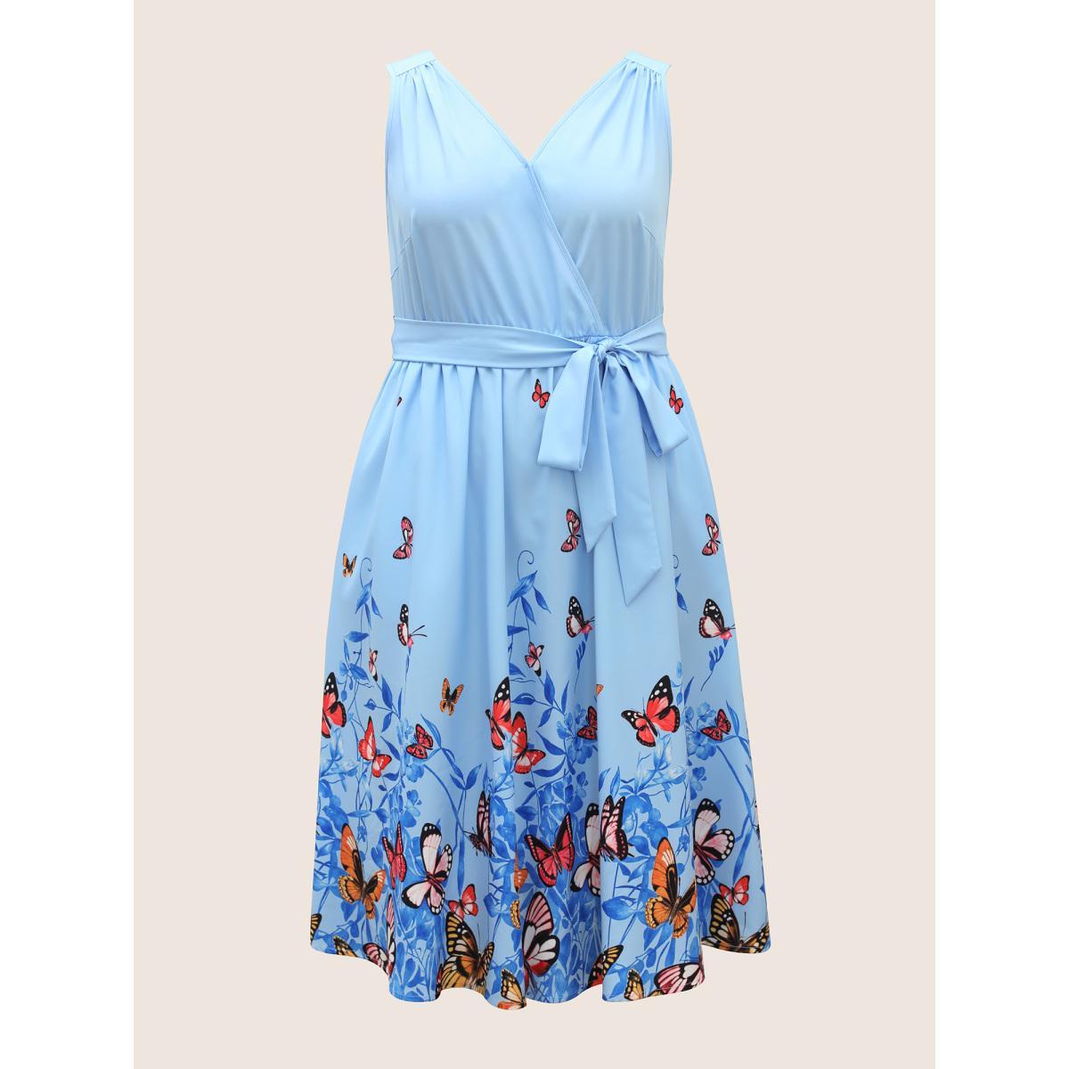 Plus Size Butterfly Print Wrap Gathered Tank Dress LightBlue Women Elegant Gathered Overlap Collar Sleeveless Curvy BloomChic 18-20/2X Product Image