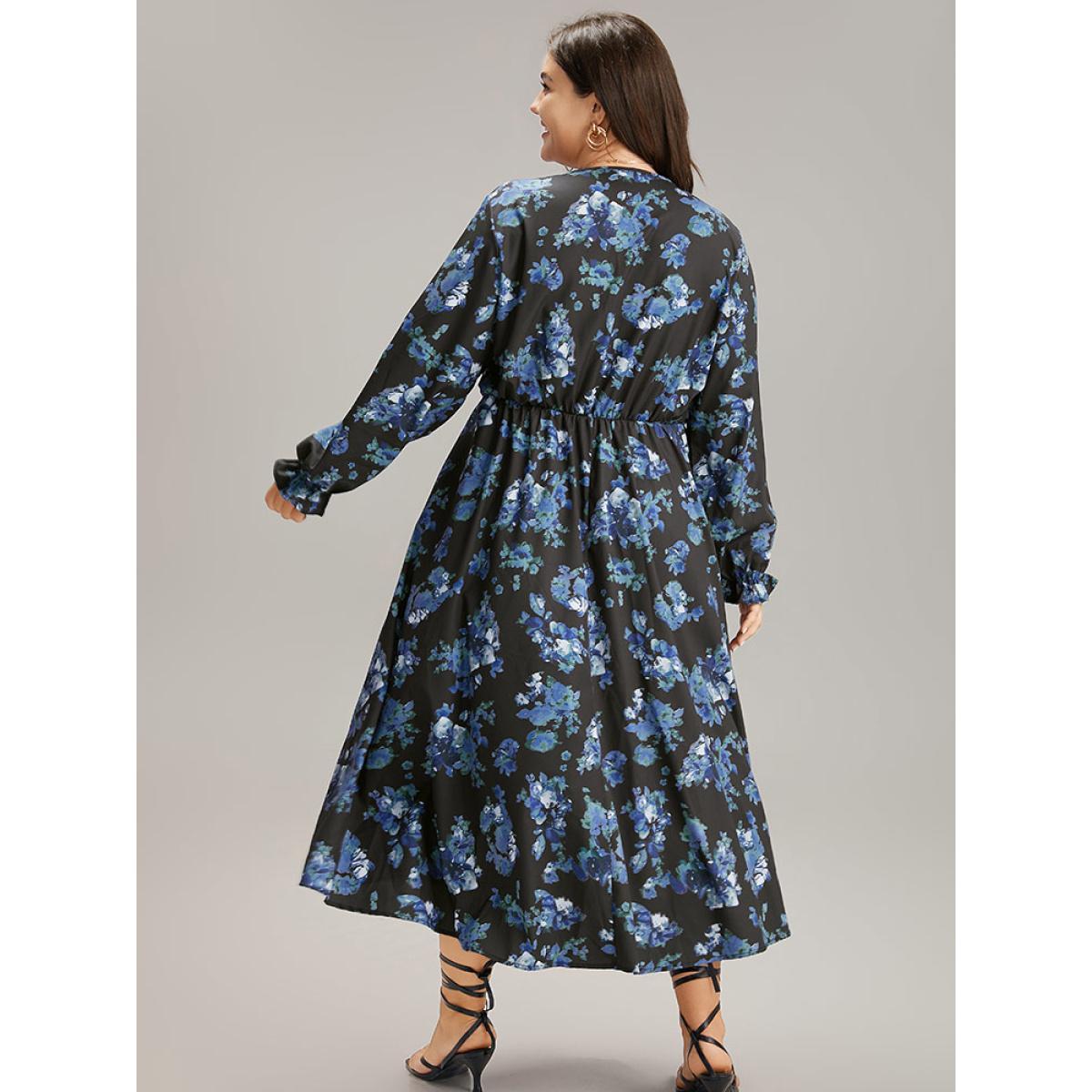 Plus Size Silhouette Floral Print Wrap Pocket Dress Black Women Elegant Gathered V-neck Long Sleeve Curvy Midi Dress BloomChic 28/5X Product Image