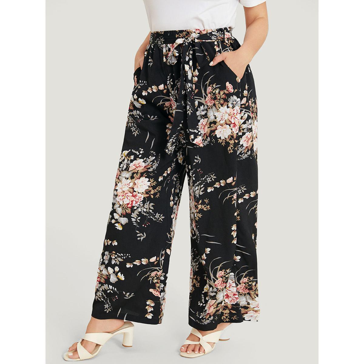 Plus Size Floral Pocket High Rise Wide Leg Belt Pants Women BlackFlower Elegant Loose High Rise Dailywear Pants BloomChic 10/M Product Image