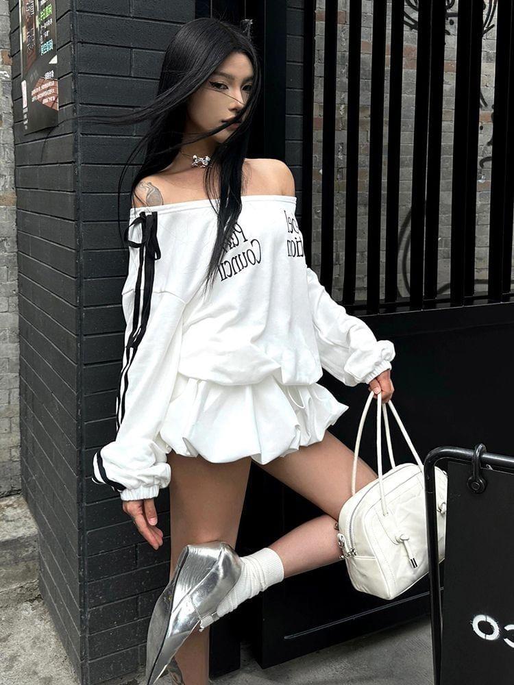 Off-Shoulder Lettering Print Striped Trim Drawstring Waist Mini A-Line Sweatshirt Dress Product Image