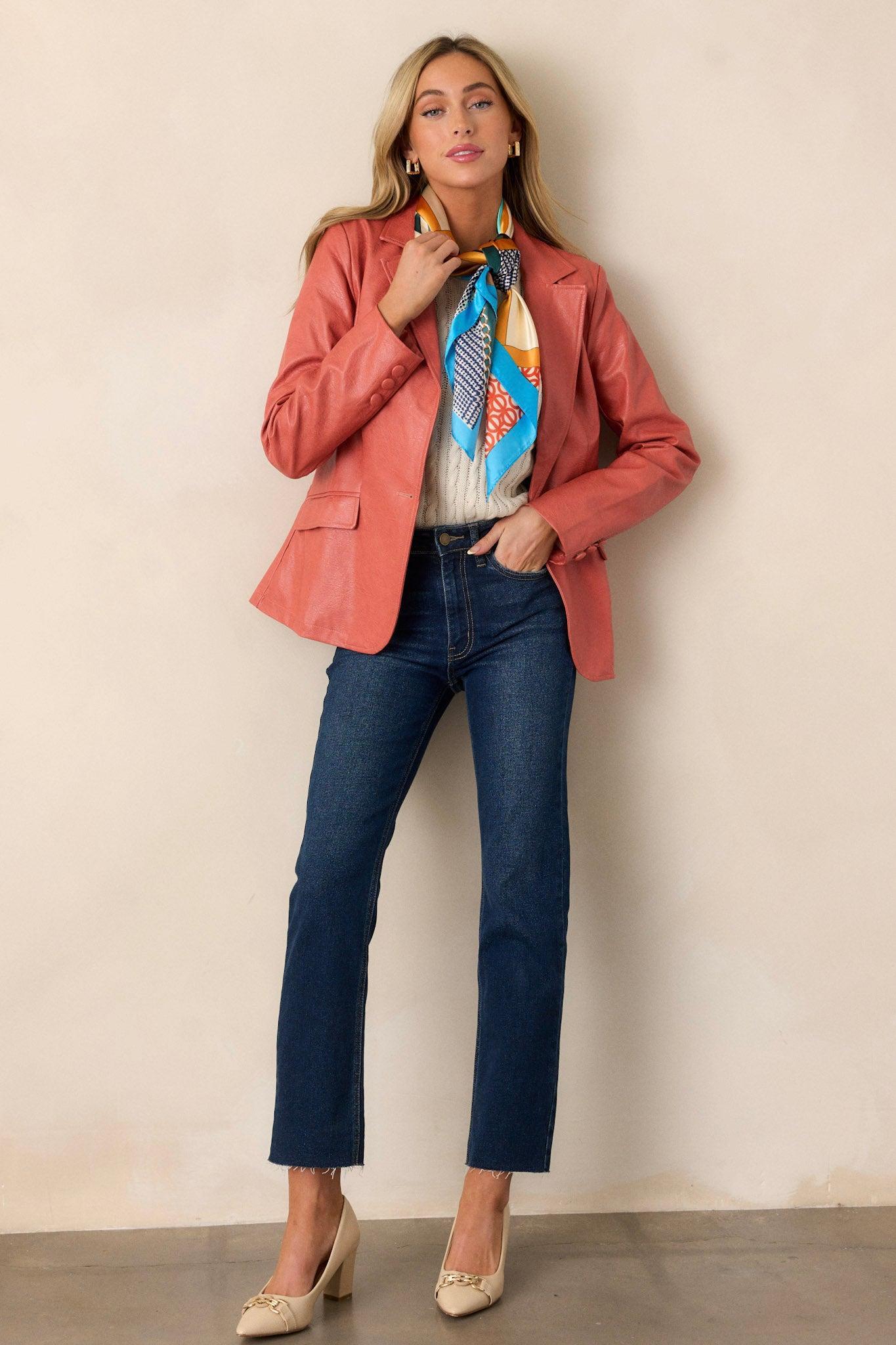 Faded Memories Red Orange Faux Leather Jacket Product Image