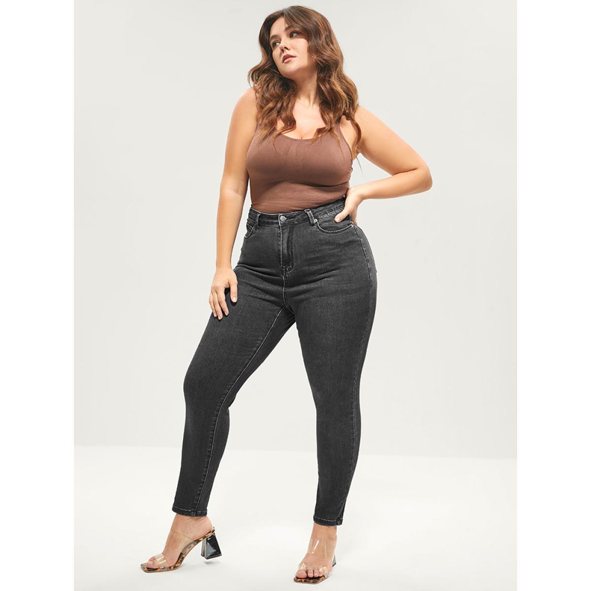 Plus Size Skinny Extremely Stretchy High Rise Medium Wash Sculpt Waist Jeans Women Black Casual Plain Tummy control Super stretch Slanted pocket Jeans BloomChic 26/4X Product Image