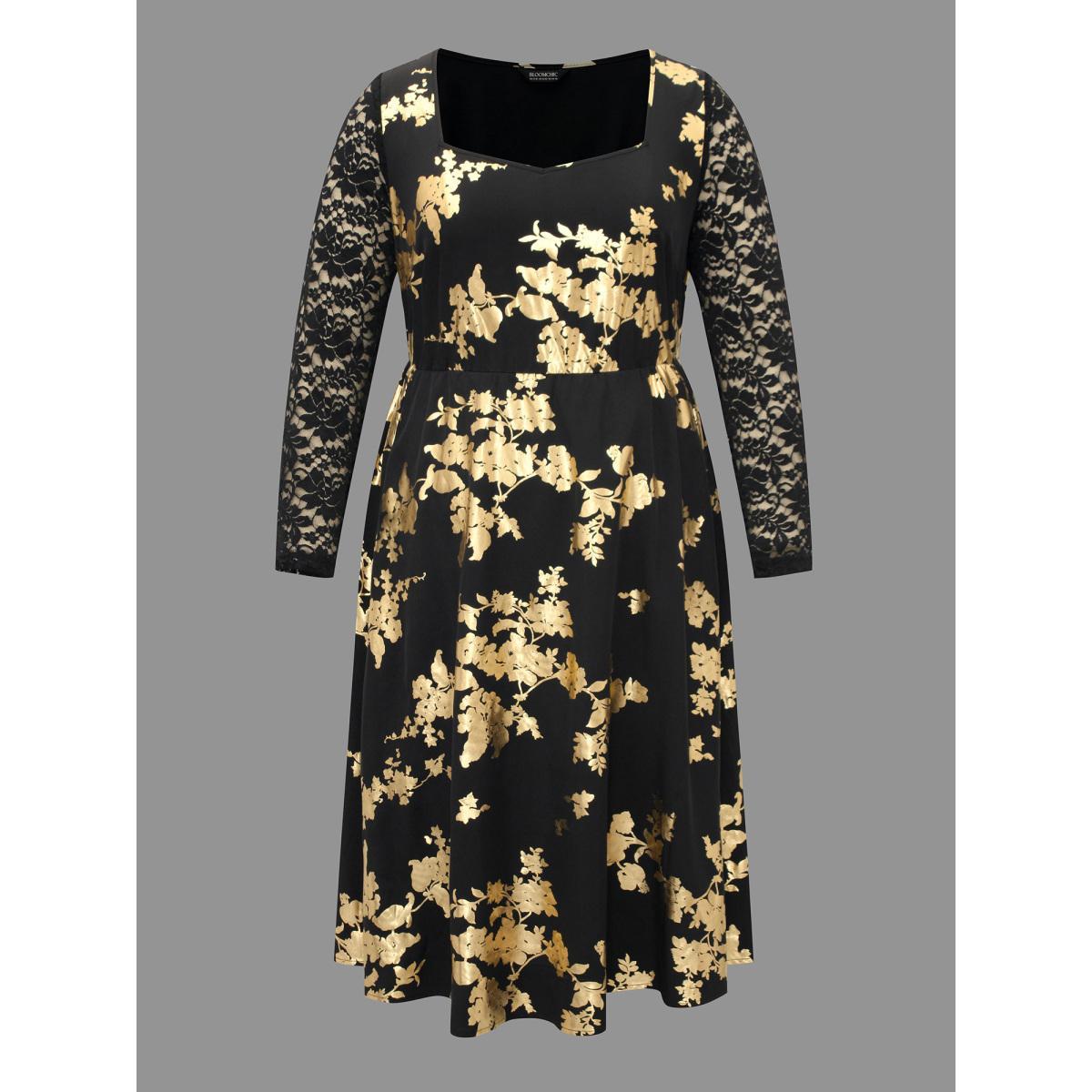 Plus Size Glitter Floral Crochet Lace Mesh Dress Black Women Cocktail Woven ribbon&lace trim Party Curvy Bloomchic 30/6X Product Image