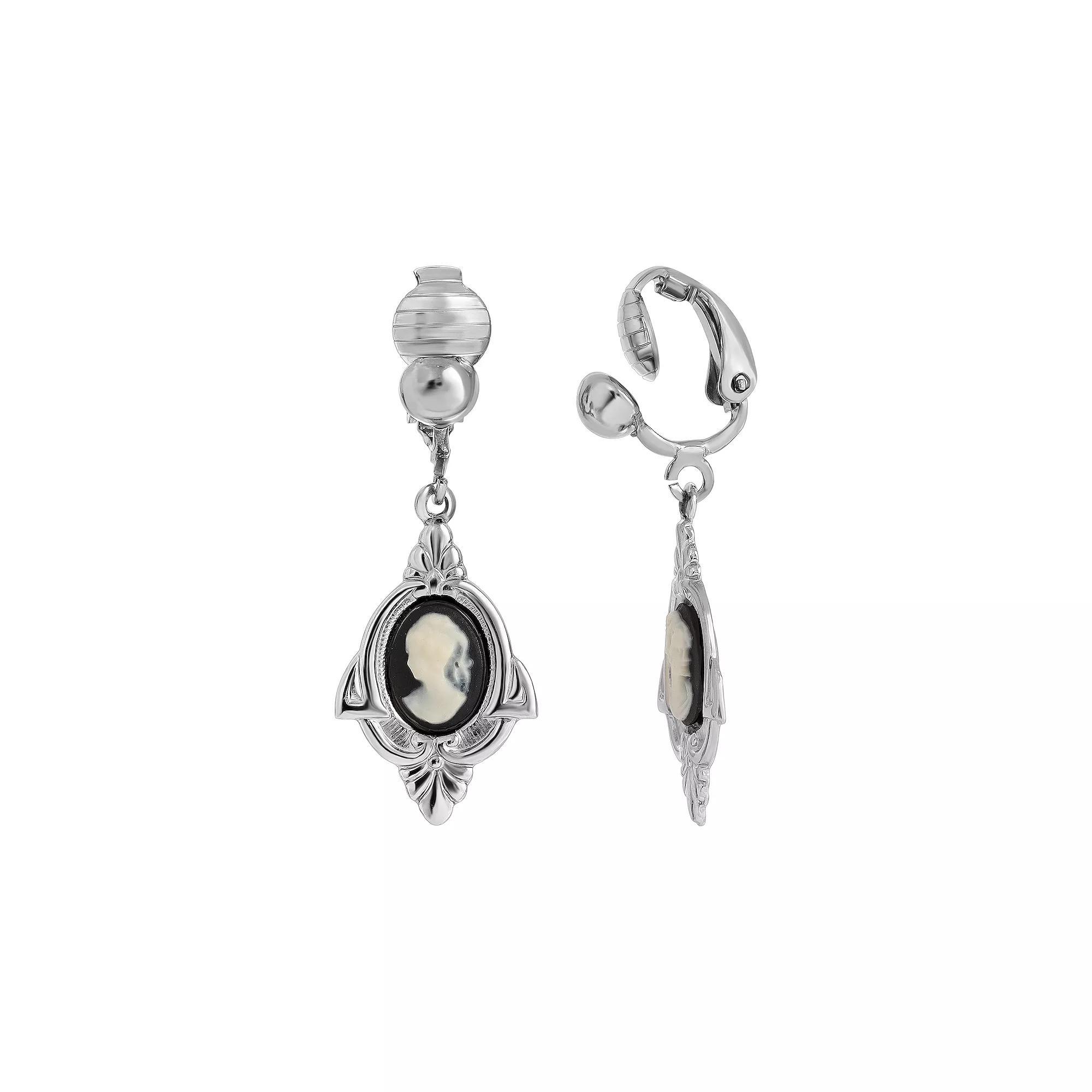 1928 Silver-Tone Cameo Clip On Earrings, Womens, Black Product Image