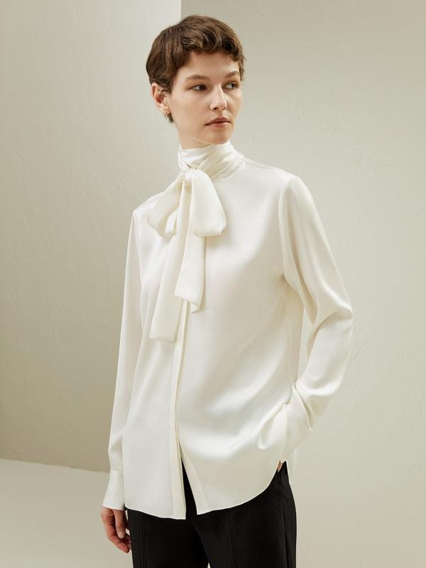 Silk Turtleneck Ribbon Blouse Product Image